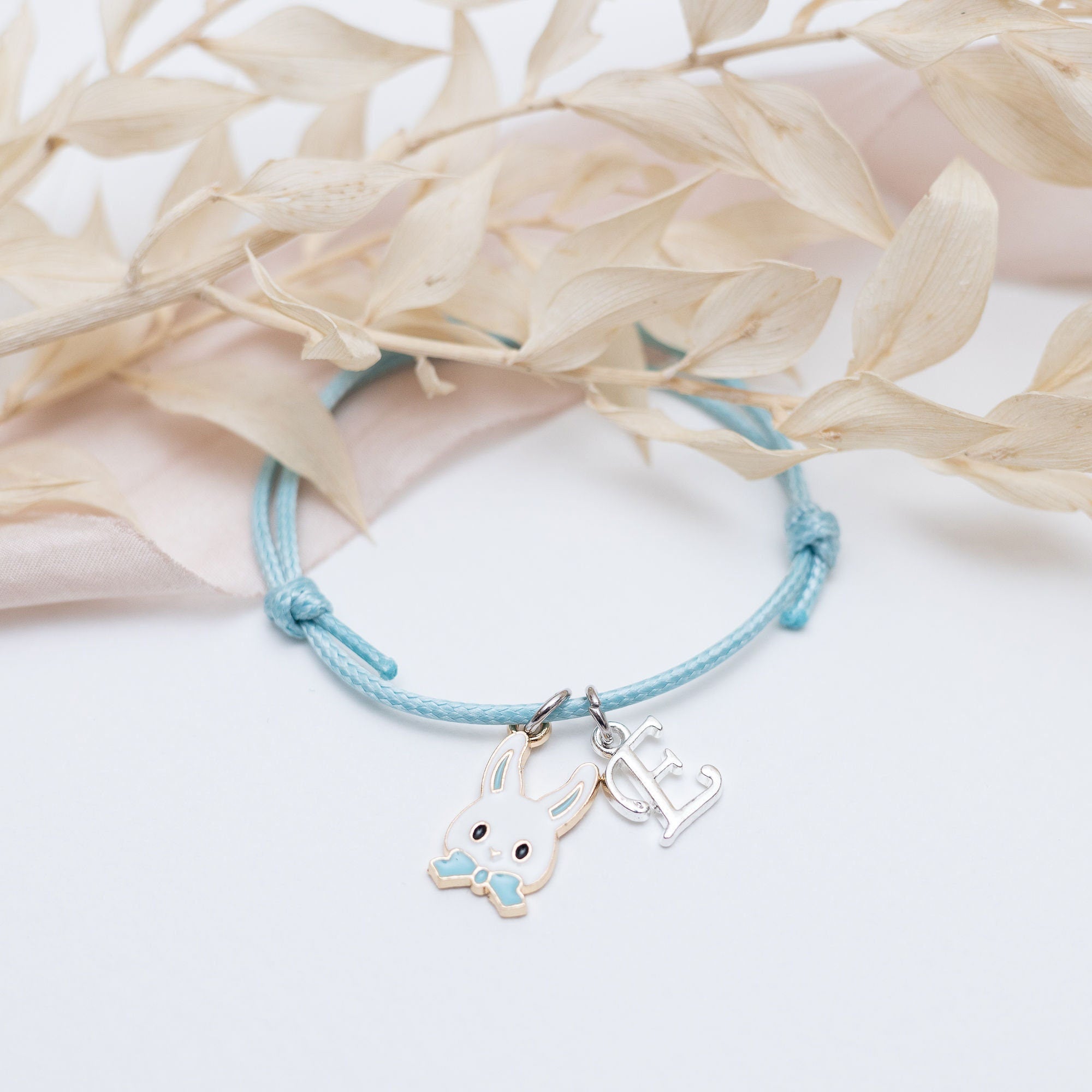 Rabbit bracelet, Easter bunny jewellery, blue bow, personalised gifts, waxed cord adjustable bracelet, letter charm, Easter gift