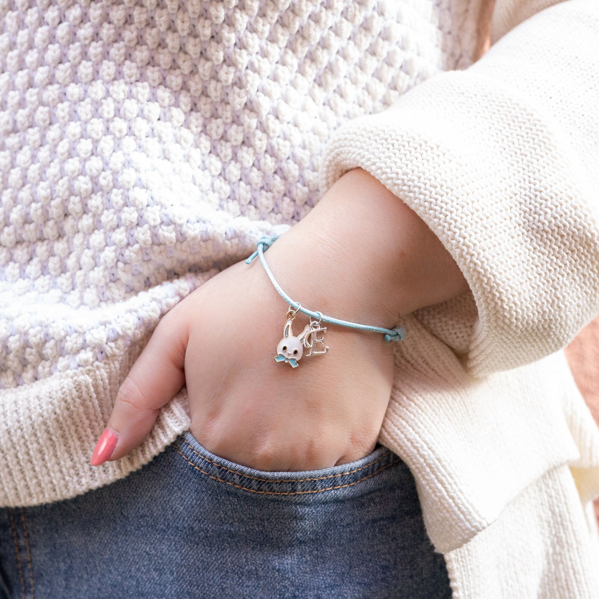 Rabbit bracelet, Easter bunny jewellery, blue bow, personalised gifts, waxed cord adjustable bracelet, letter charm, Easter gift