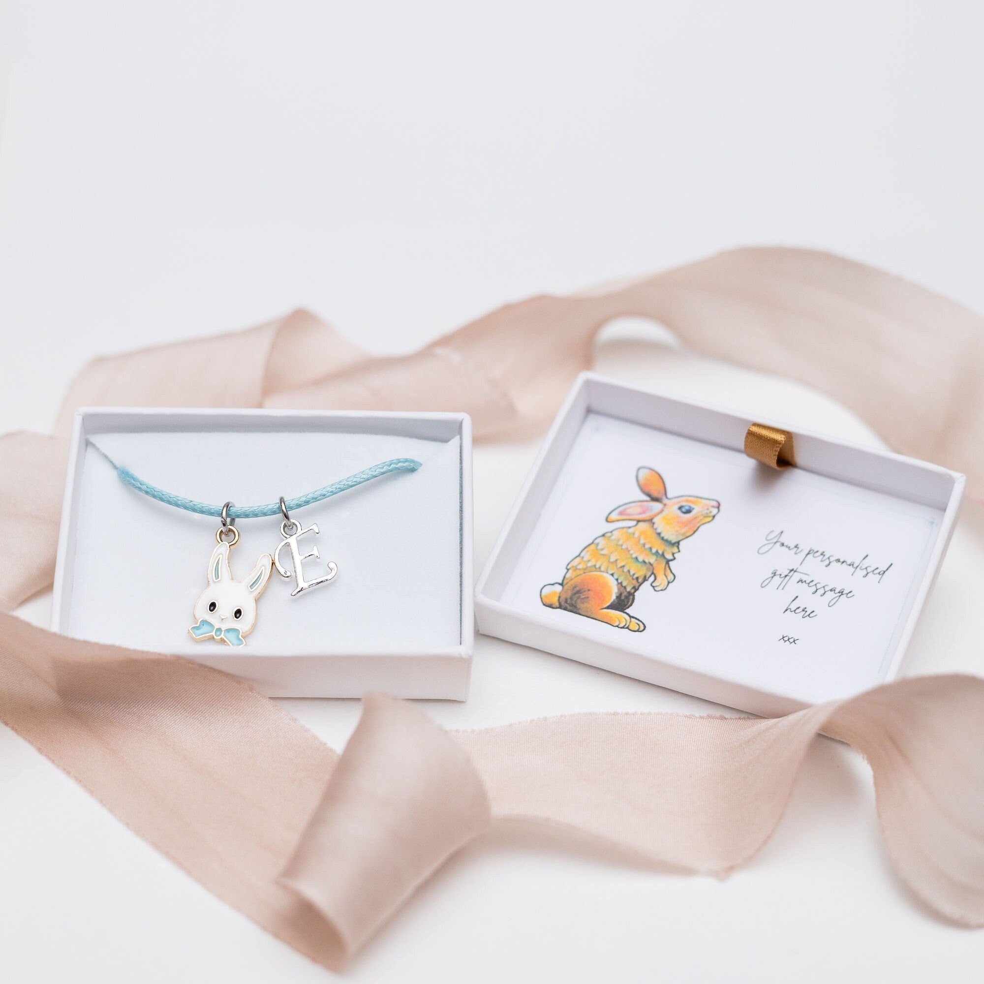 Rabbit bracelet, Easter bunny jewellery, blue bow, personalised gifts, waxed cord adjustable bracelet, letter charm, Easter gift