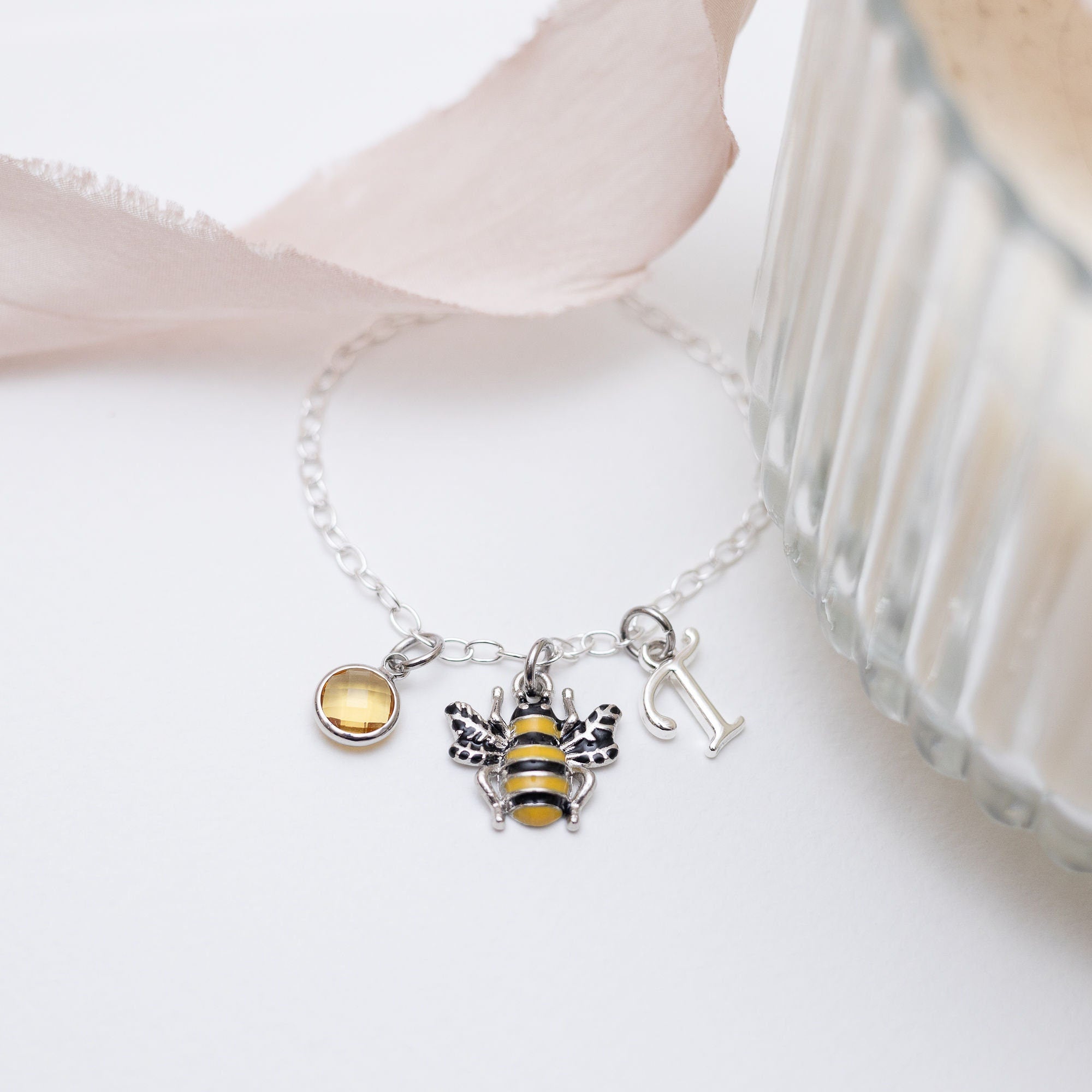 Bumble bee bracelet, personalised gifts, insect jewellery, bee jewellery, birthstone initial letter, custom gift for her, queen bee charm