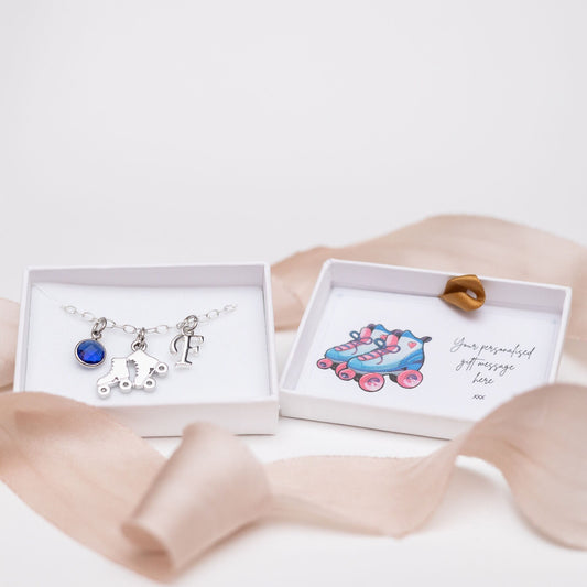 Roller skate bracelet, personalised gifts, skater jewellery, birthstone initial letter, roller derby team, sports theme gift,