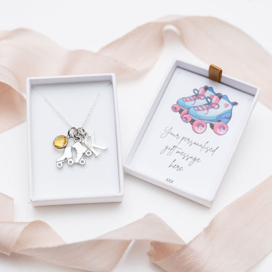 Roller skate necklace, skater jewellery, skating gift, personalised gifts, birthstone necklaces, initial letter, roller derby fans