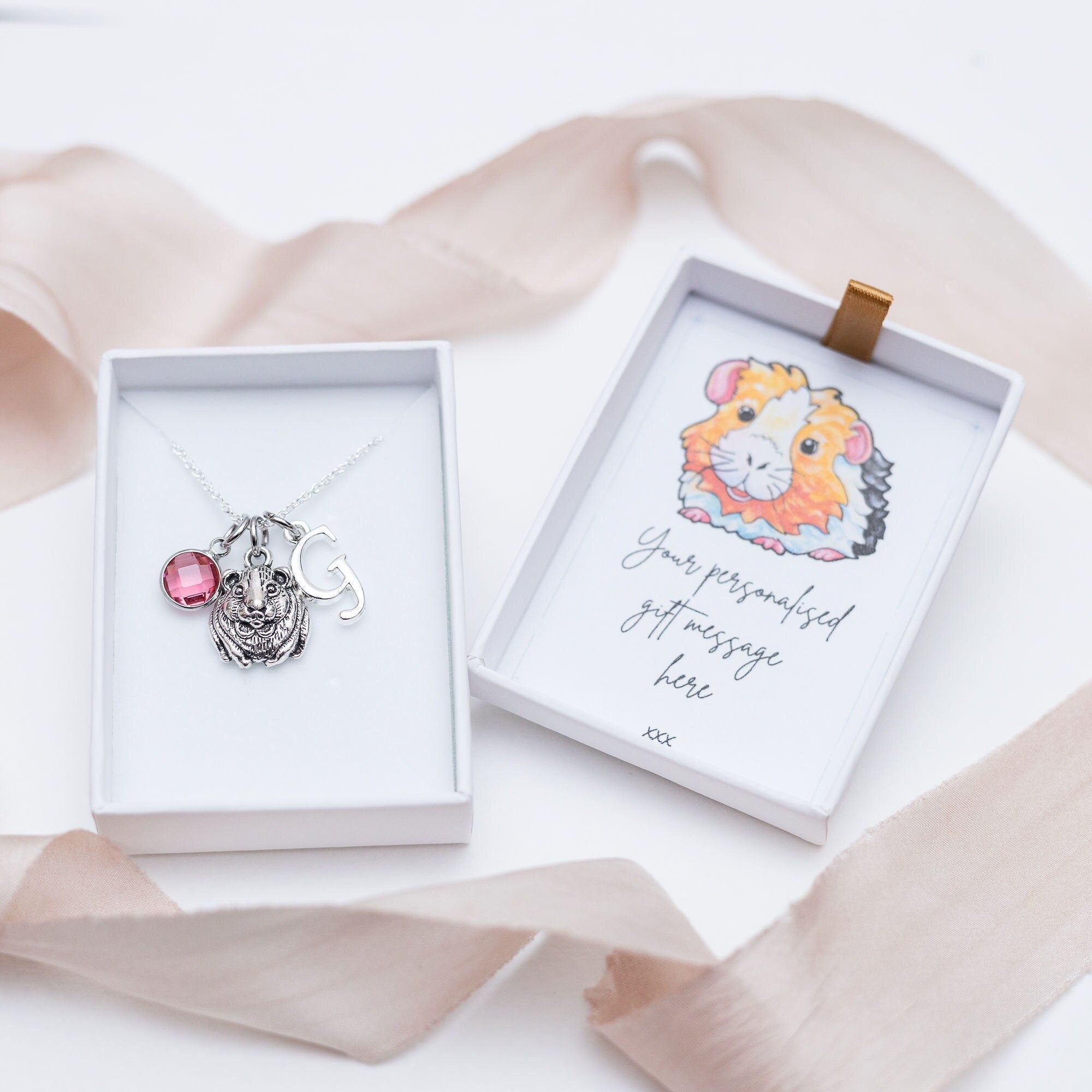 Guinea pig necklace, personalised gifts, birthstone initial jewellery, pet loss gift, guinea pig owner gifts, rodent animal gift