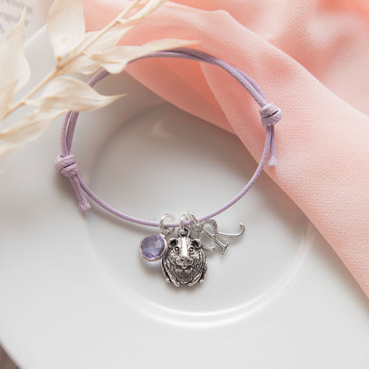 Waxed guinea pig charm bracelet, adjustable cord jewellery, personalised gifts, birthstone letter, pet loss, cute animal rodent,