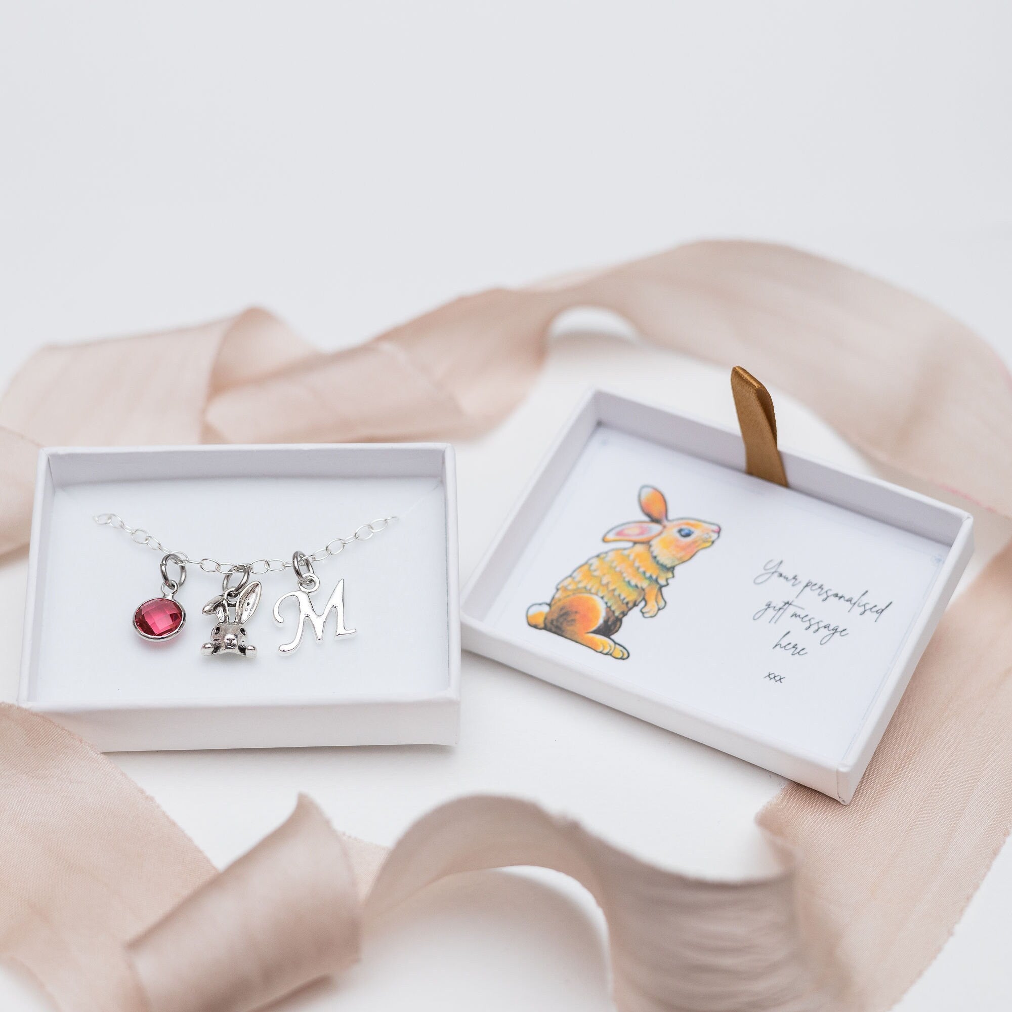 Rabbit bracelet, personalised Easter gifts, bunny rabbit jewellery, birthstone initial charm, pet loss keepsake, cute animal gift