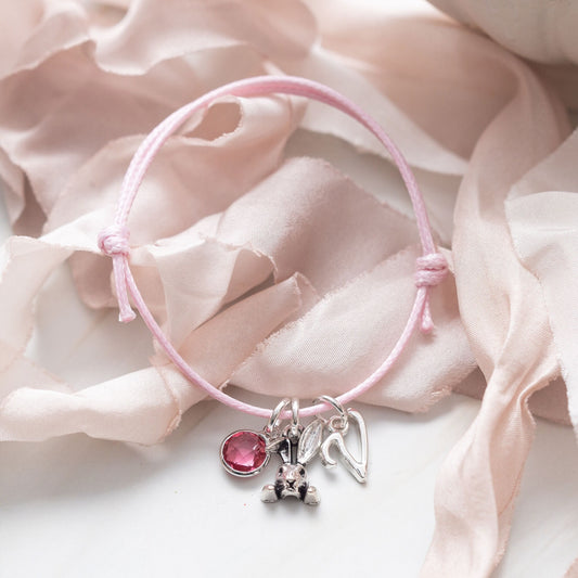 Bunny rabbit bracelet, waxed cord adjustable bracelet, birthstone initial, personalised gifts, animal jewellery, Easter basket filler