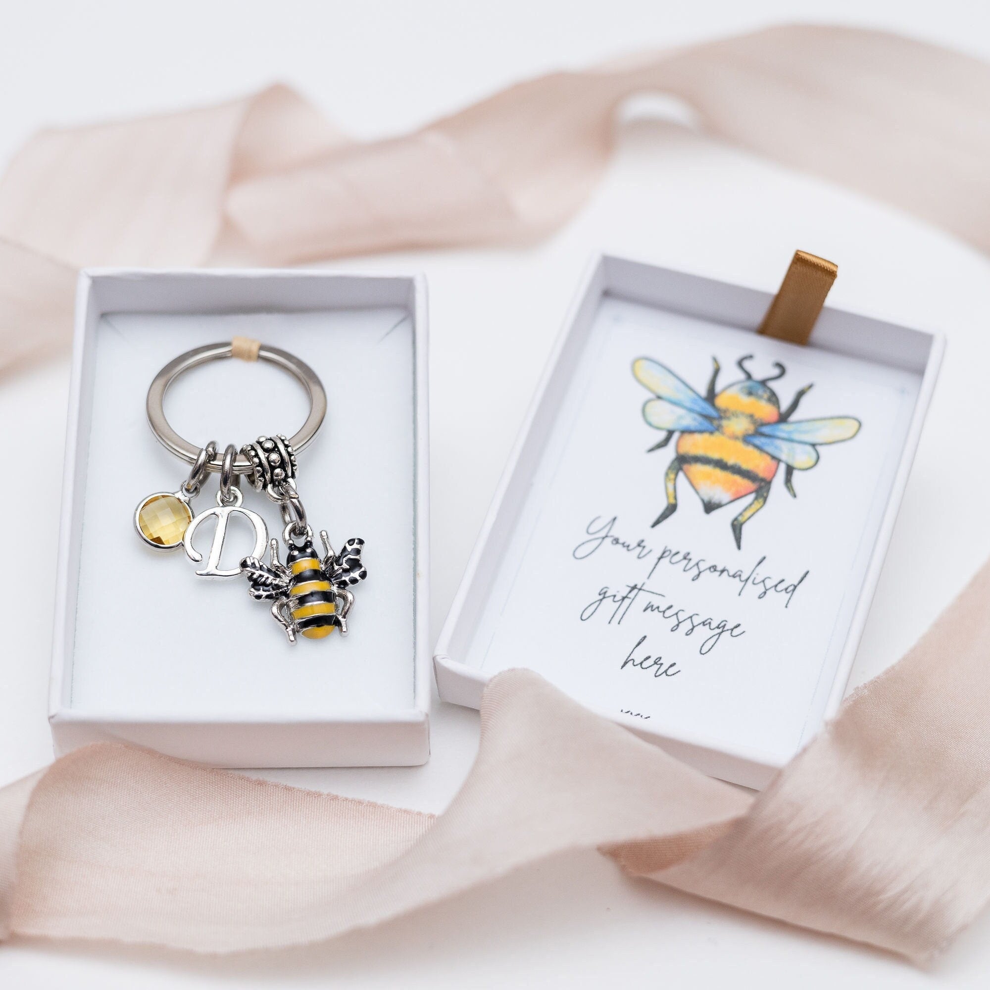 Bumble bee keyring, personalised gifts, queen bee bag charm, birthstone letter, yellow animal keychain, insect charm gift