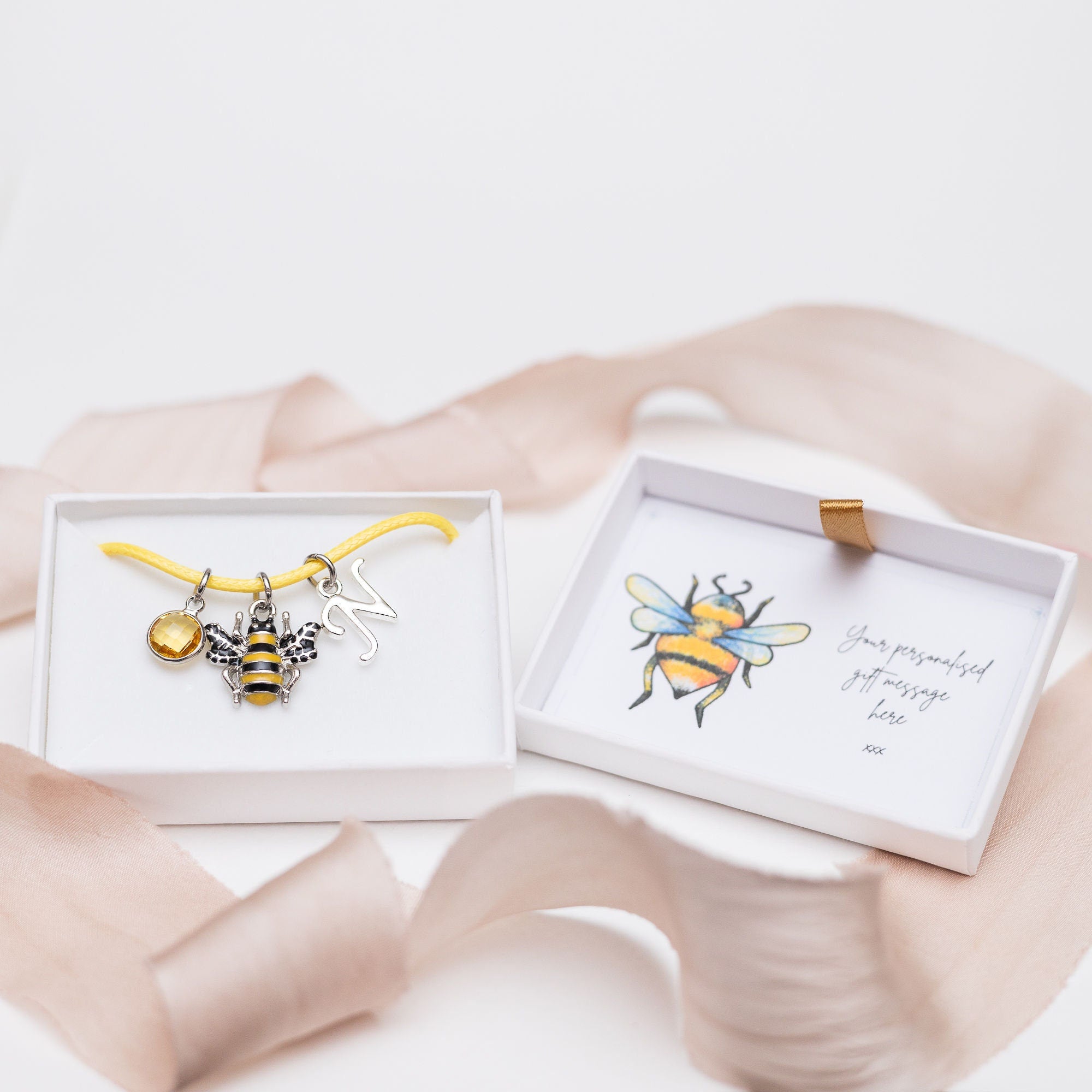 Bumble bee bracelet, waxed cord adjustable, personalised gifts, bee jewellery, queen bee present, custom birthday gift, initial birthstone