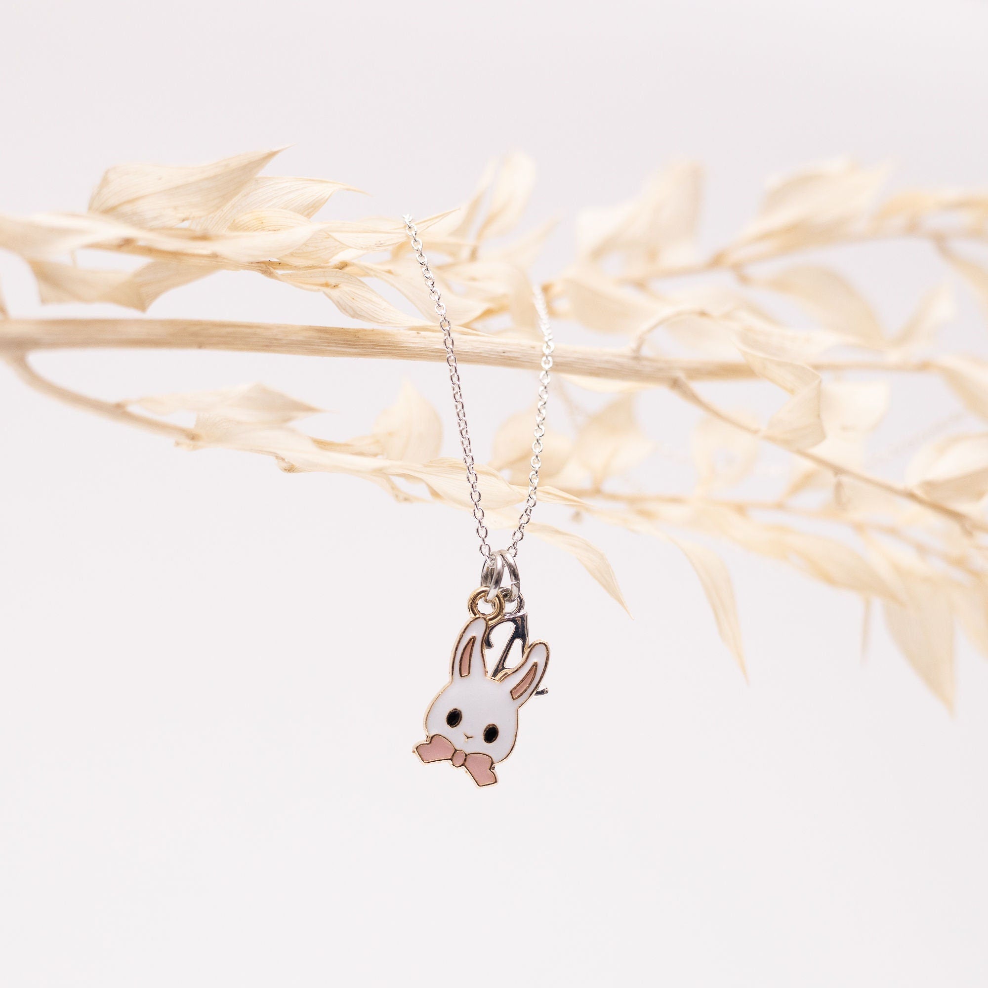 Rabbit necklace, personalised gifts, pink bow, Easter bunny jewellery, Easter 2025 gifts, white rabbit gift, pet loss, letter charm