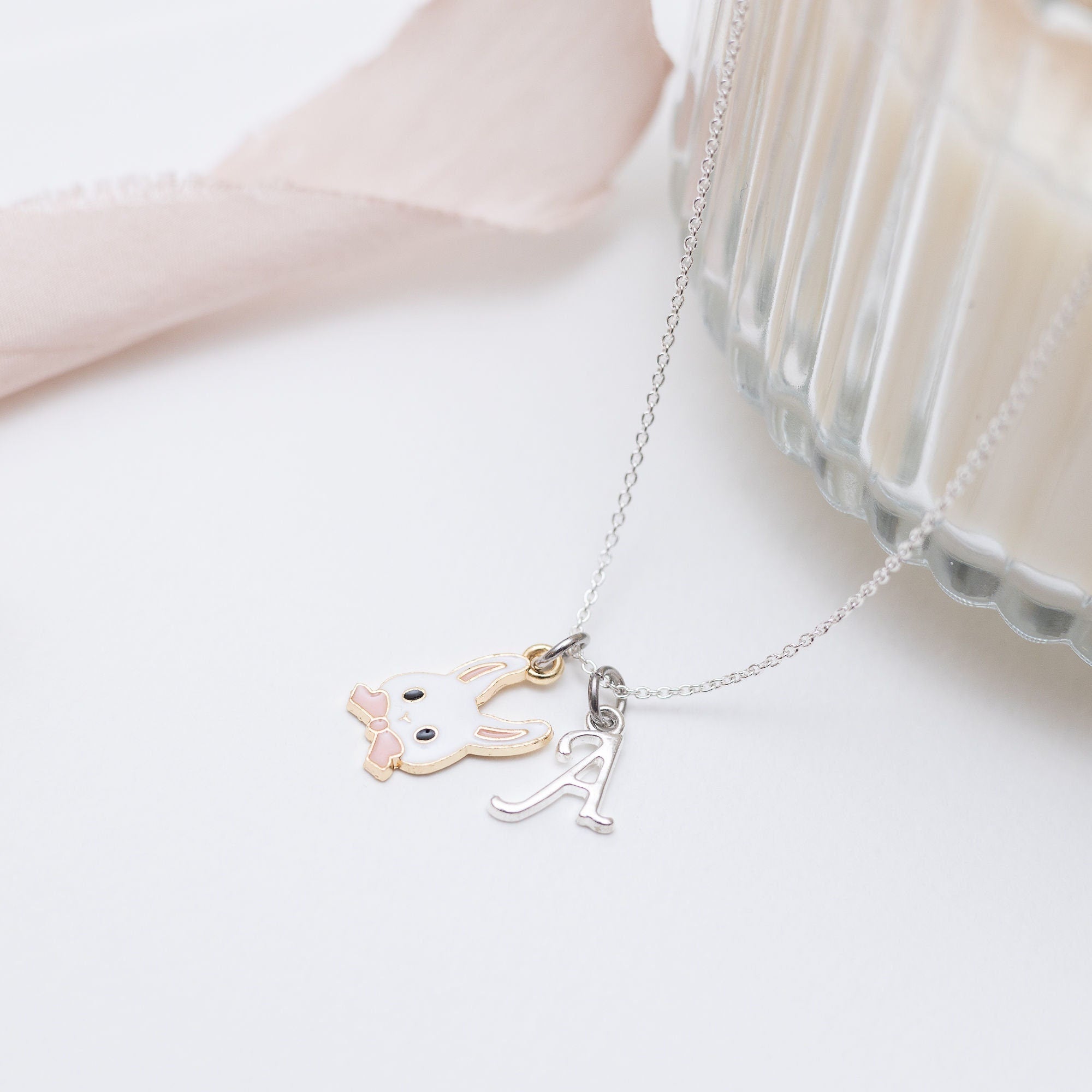 Rabbit necklace, personalised gifts, pink bow, Easter bunny jewellery, Easter 2025 gifts, white rabbit gift, pet loss, letter charm