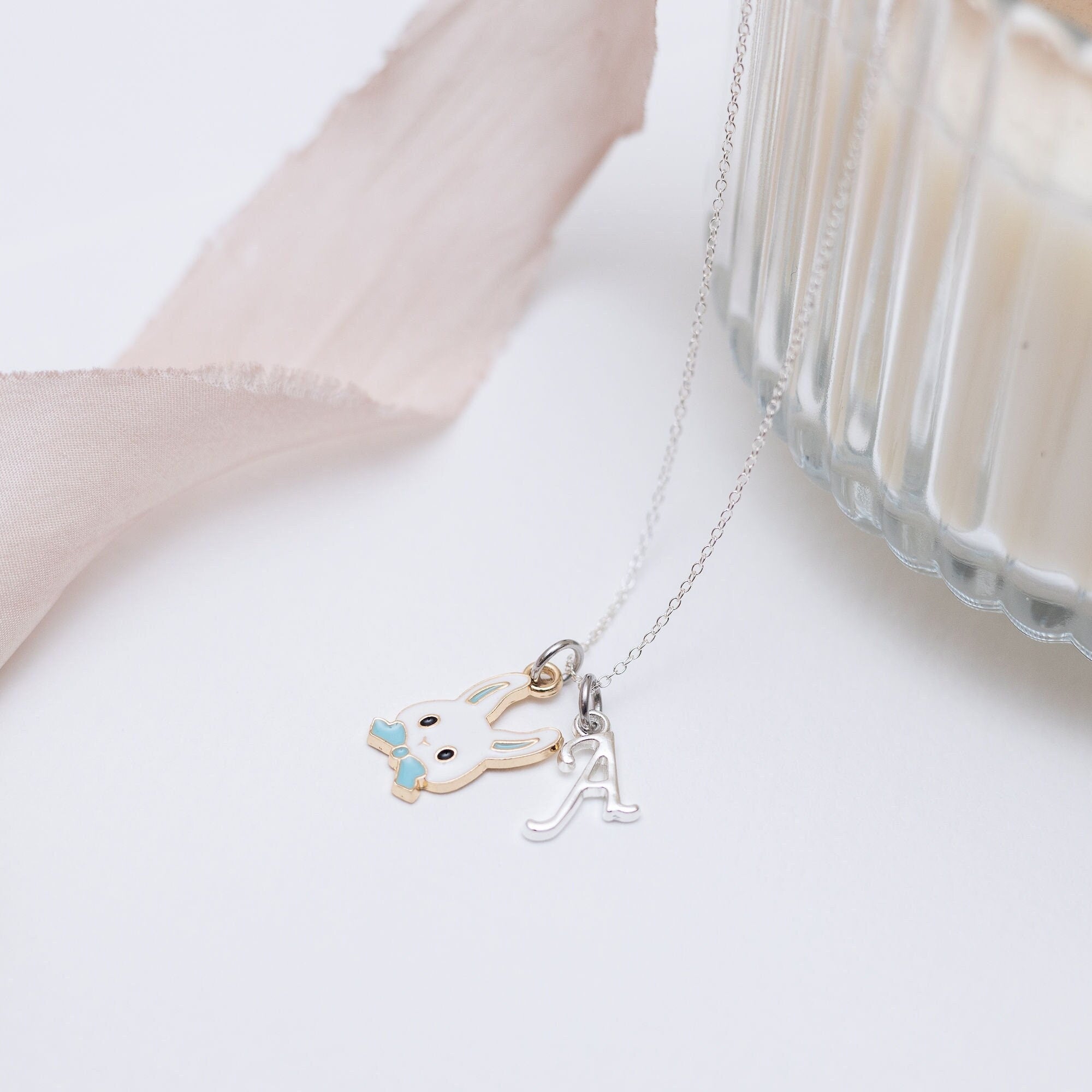 Rabbit necklace, personalised gifts, blue bow, Easter bunny jewellery, Easter 2025 gifts, white rabbit gift, pet loss, letter charm