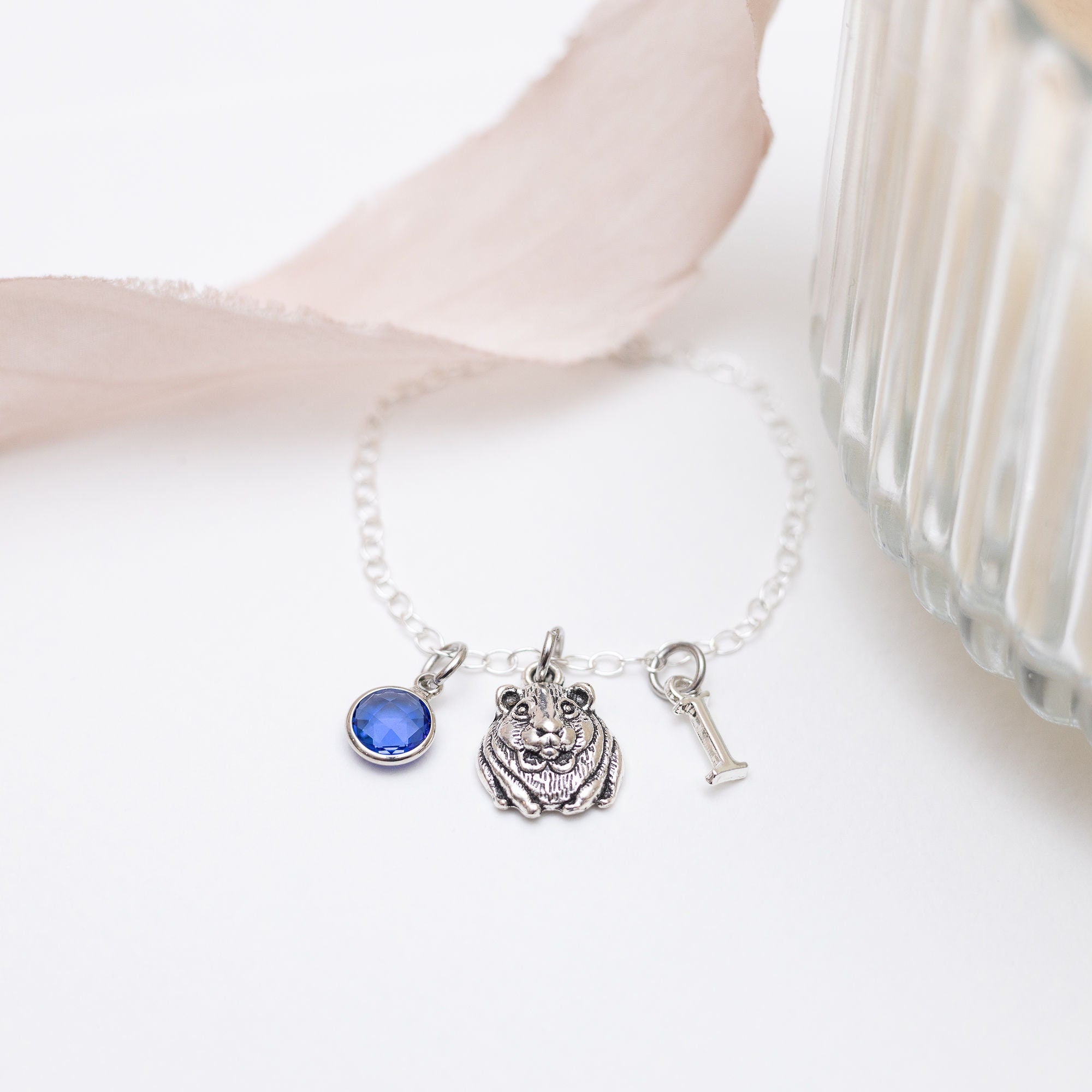 Guinea pig bracelet, personalised gifts, cute animal jewellery, birthstone initial letter, rodent gift, pet loss memorial