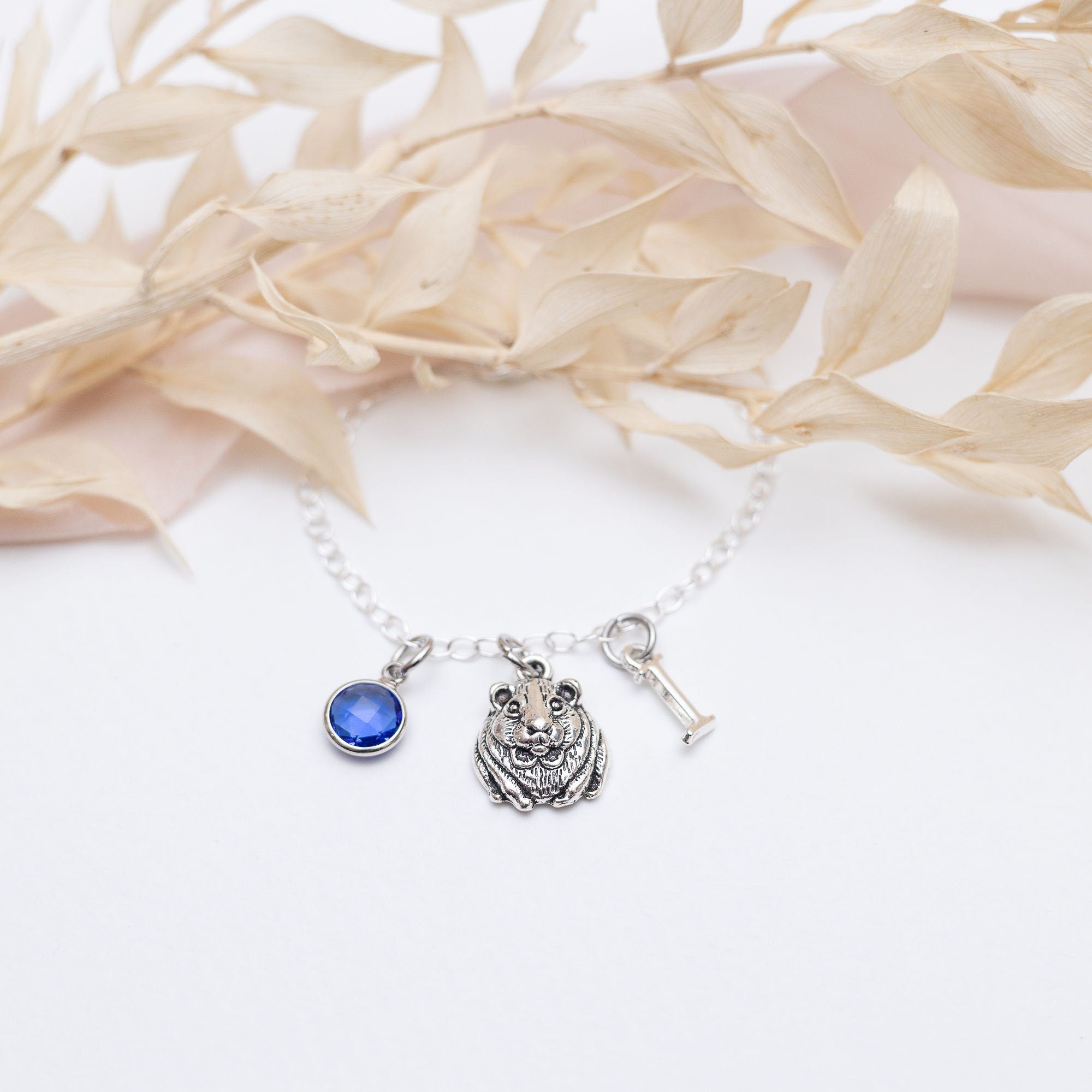 Guinea pig bracelet, personalised gifts, cute animal jewellery, birthstone initial letter, rodent gift, pet loss memorial