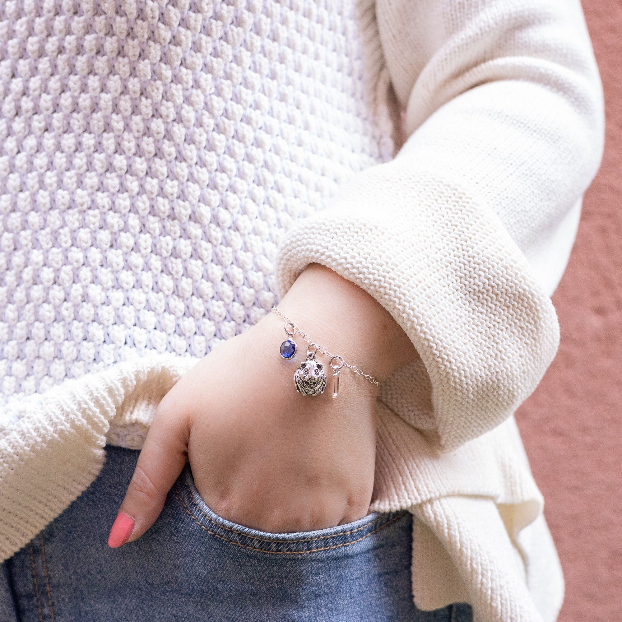 Guinea pig bracelet, personalised gifts, cute animal jewellery, birthstone initial letter, rodent gift, pet loss memorial