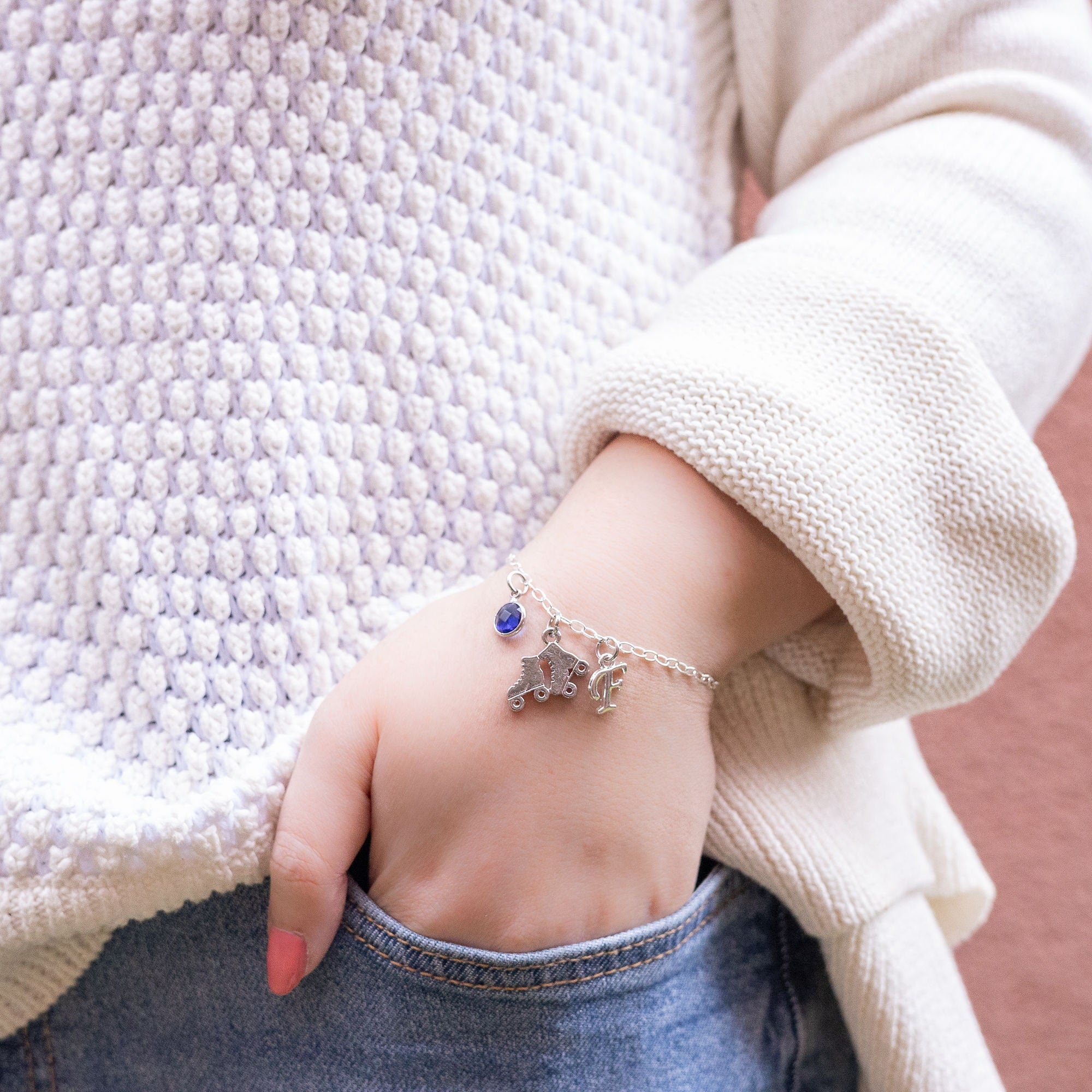 Roller skate bracelet, personalised gifts, skater jewellery, birthstone initial letter, roller derby team, sports theme gift,