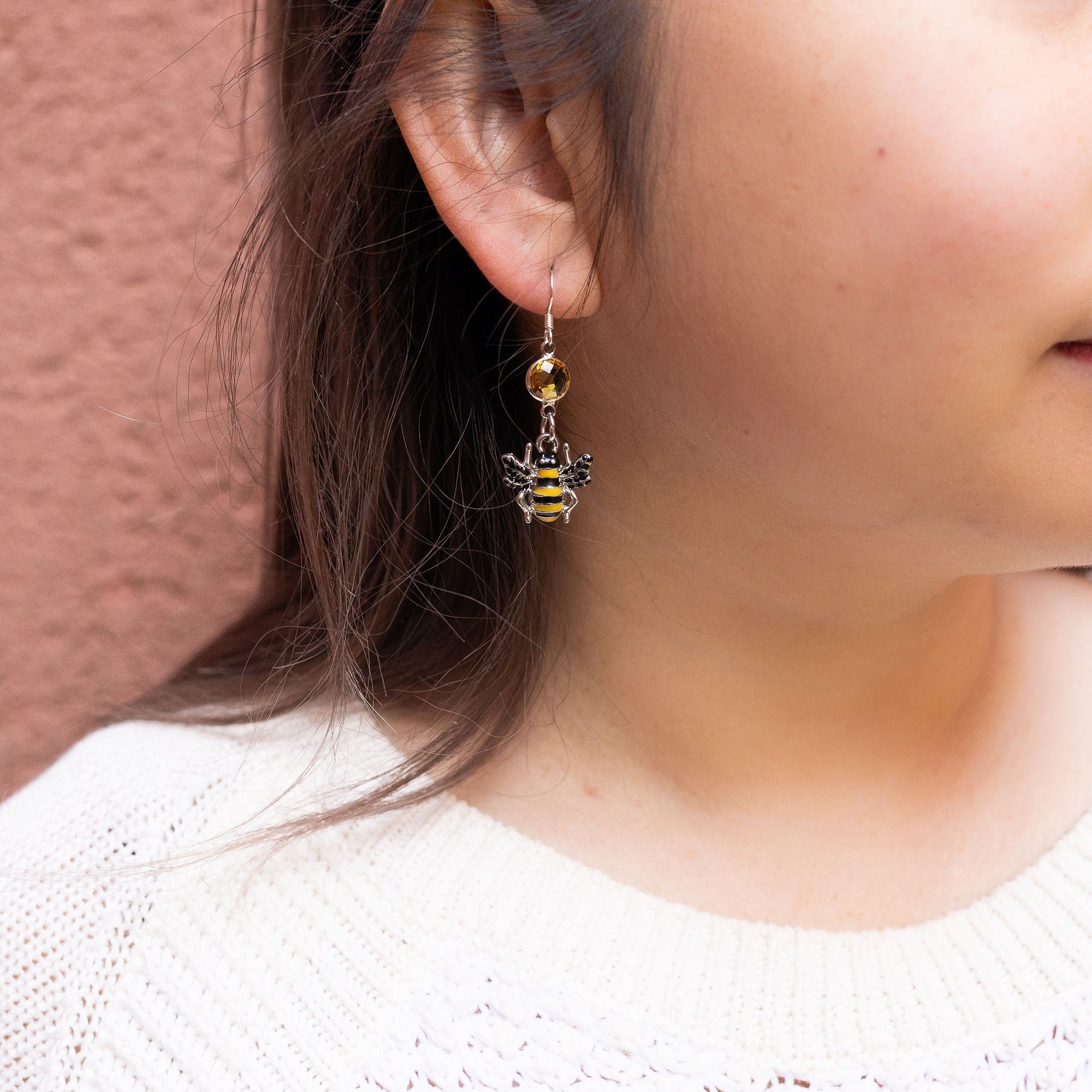 Bumble bee earrings, birthstone jewellery, personalised gifts, insect gift, birthstone charm, friendship gift, yellow jewellery, queen bee