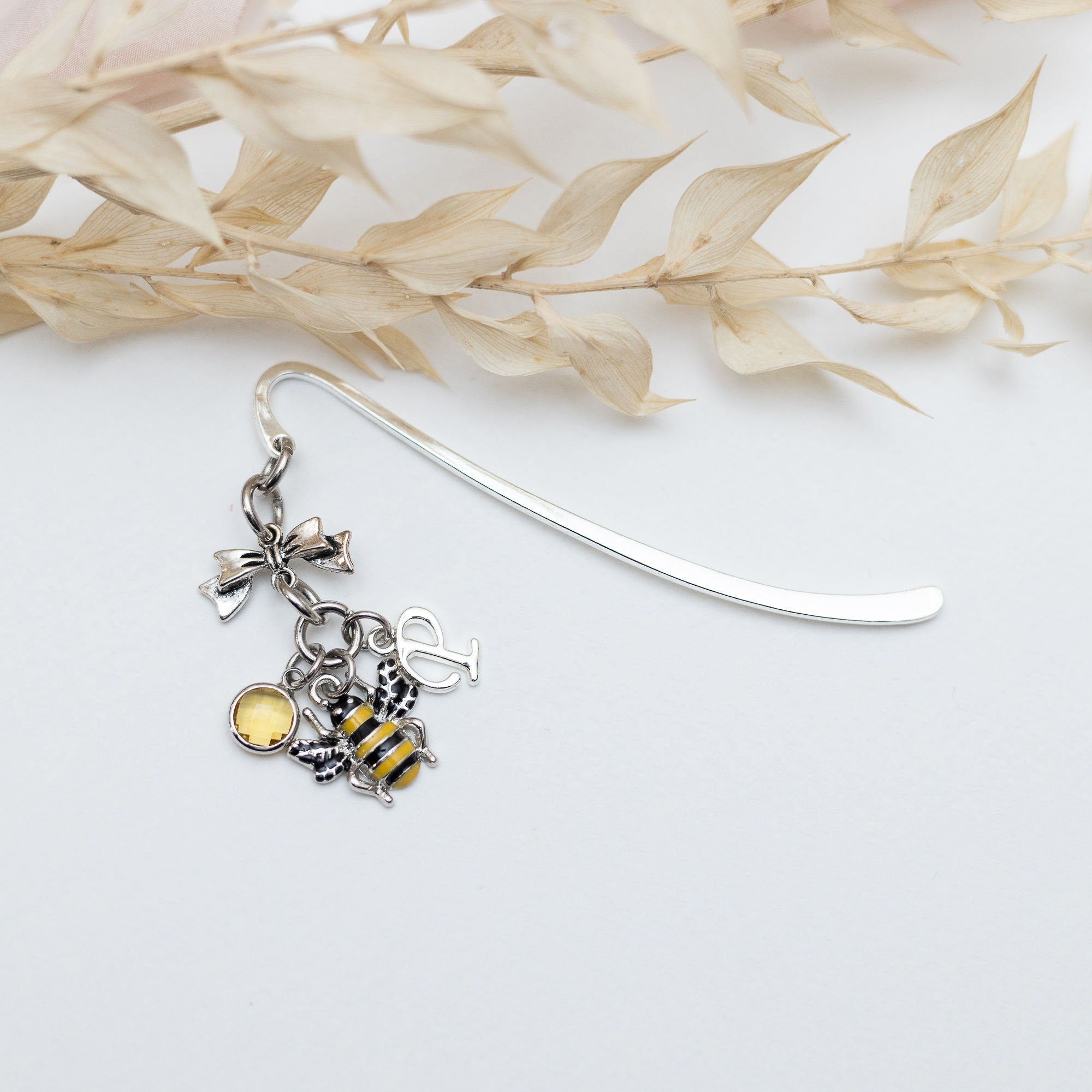Bee bookmark, personalised gifts, birthstone initial, metal charm page marker, insect wings, bumble bee gift, queen bee, gift for reader