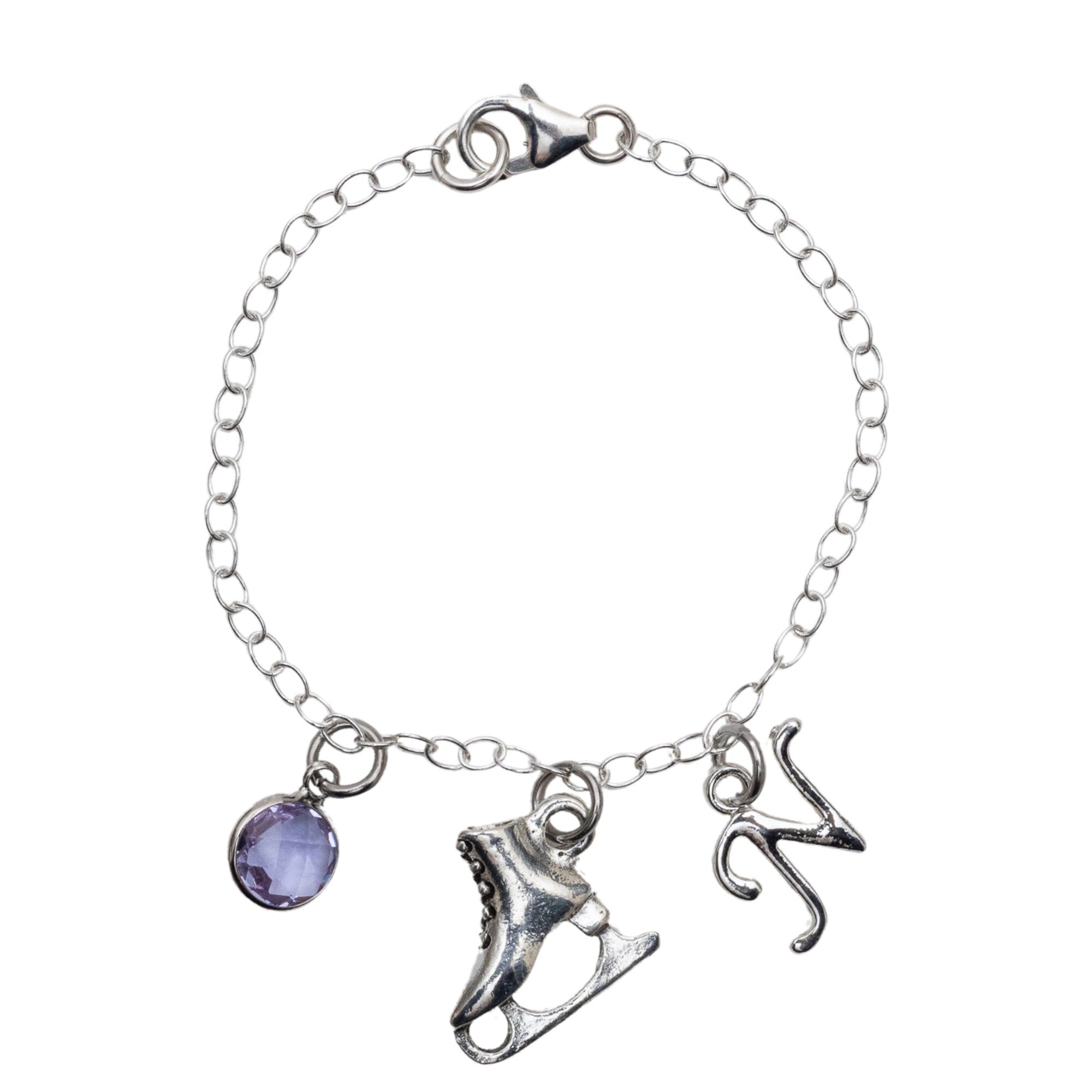 Ice skate bracelet, personalised gifts, figure skater competitor, birthstone initial charm, winter sports theme, ice skating jewellery