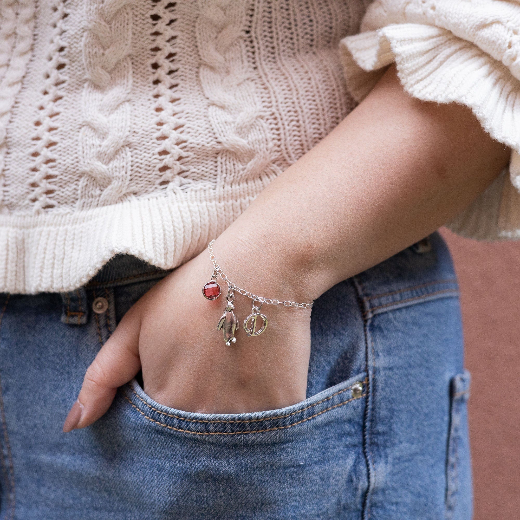 Penguin bracelet, personalised gifts, penguin gifts birthstone initial charm, winter jewellery, Antarctic animals, sea bird accessory