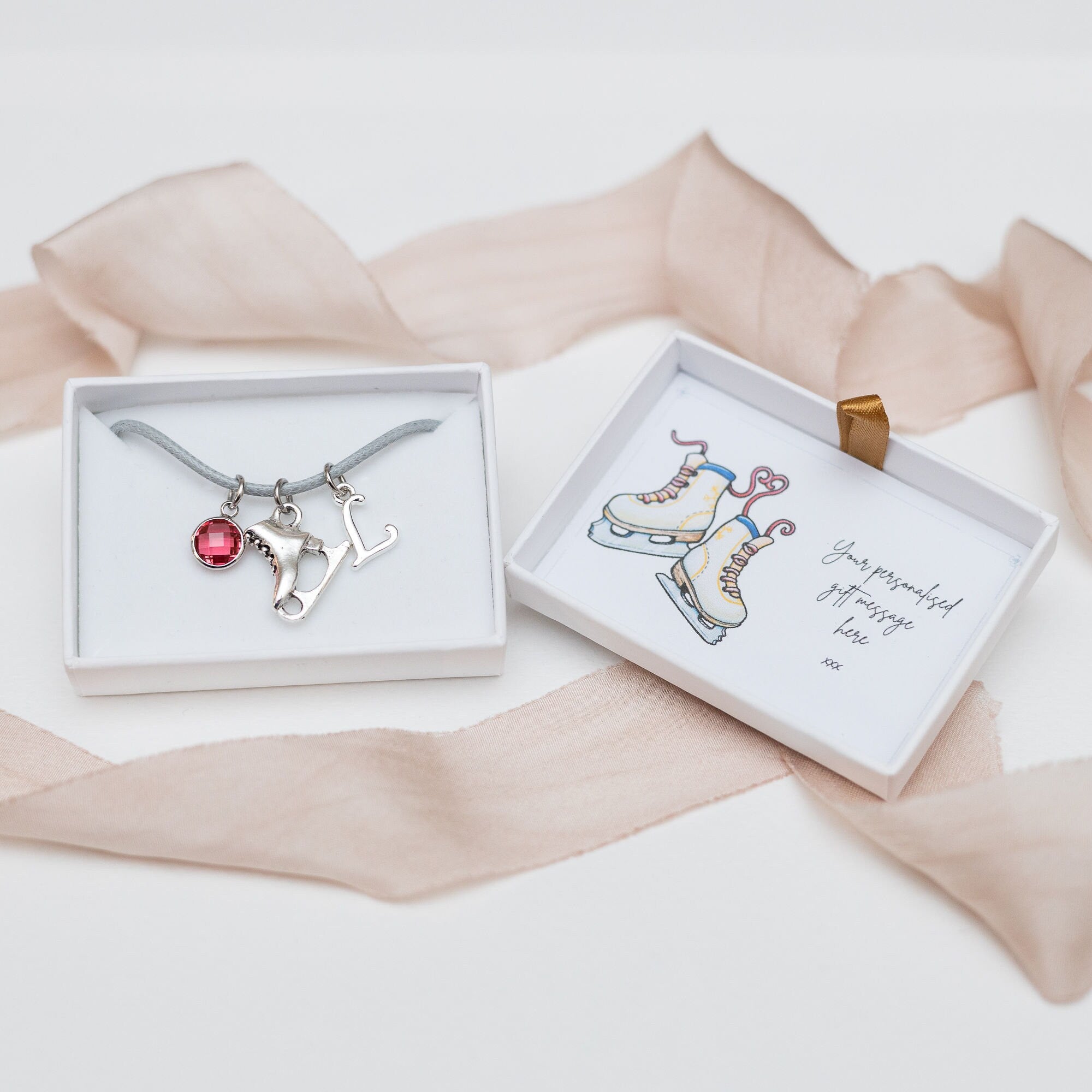 Ice skate bracelet, waxed cord adjustable, personalised gifts, figure skating jewellery, winter sports, custom skater birthday