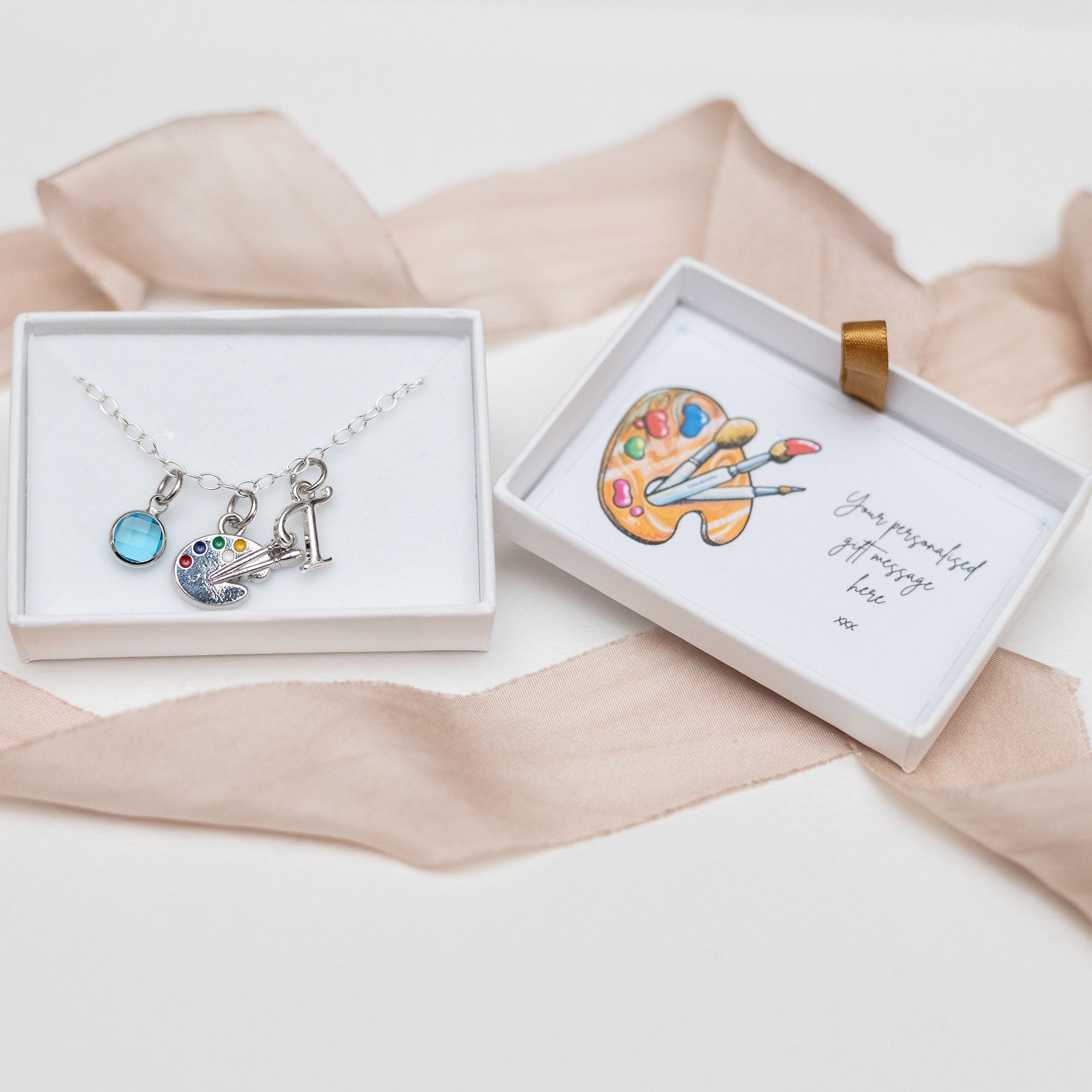 Artist palette bracelet, personalised gifts, pendant artist, art jewellery, paint brush keepsake charm, oval link chain, art teacher present