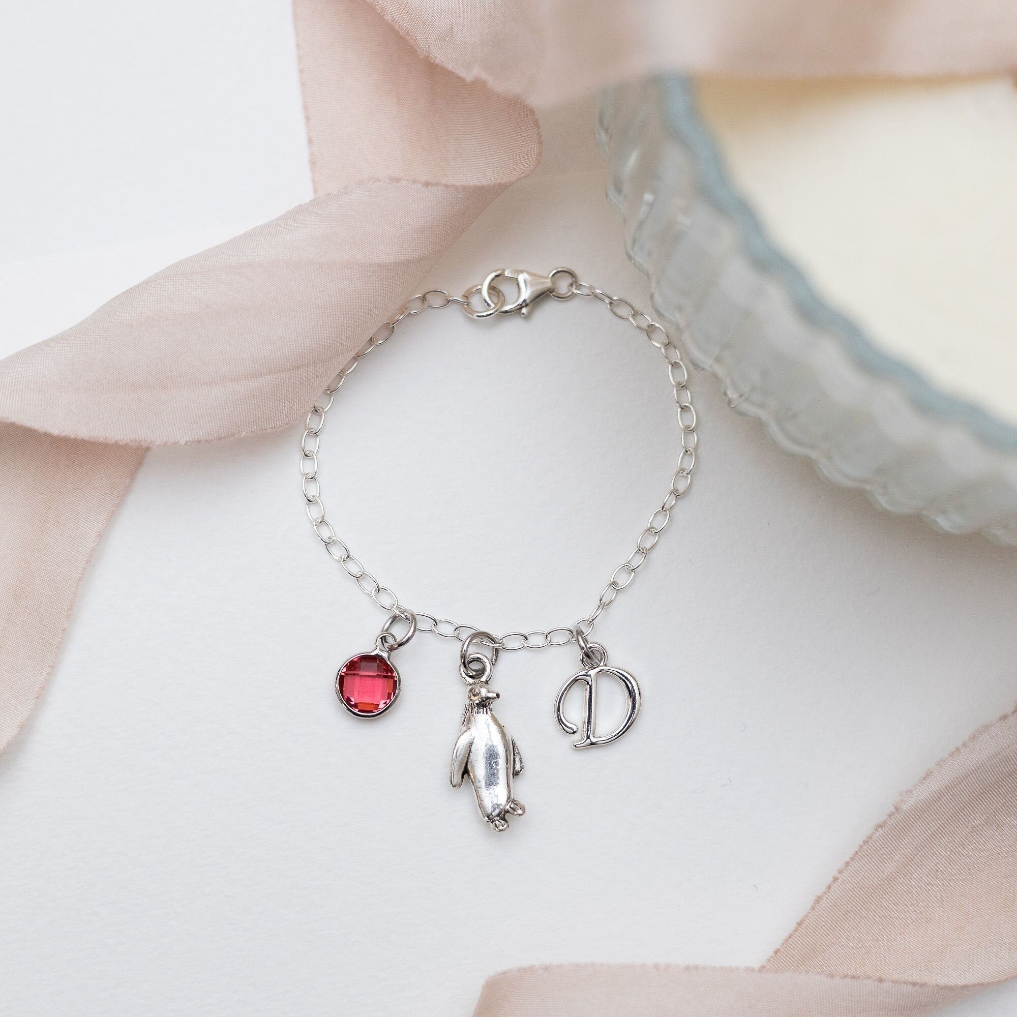 Penguin bracelet, personalised gifts, penguin gifts birthstone initial charm, winter jewellery, Antarctic animals, sea bird accessory