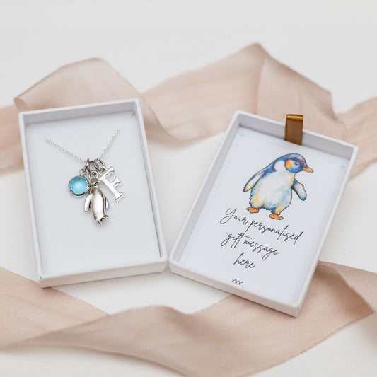 Penguin necklace, personalised gifts, animal jewellery, penguin gift, birthstone and initial