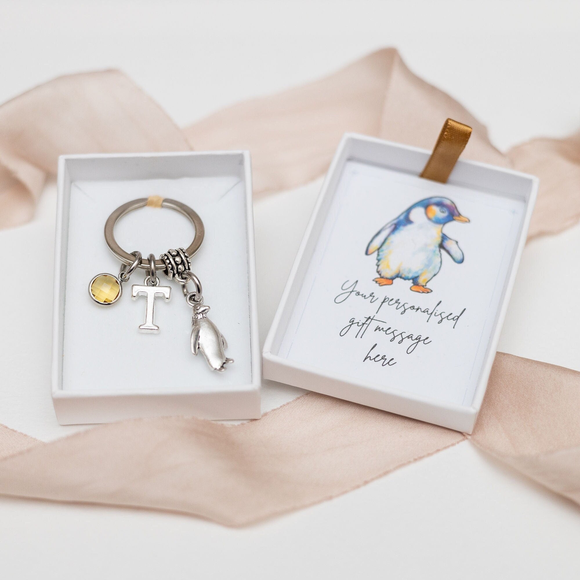 Penguin keychain, animal keyring, personalised gifts, letter and birthstone bag charm, penguin gift, Antarctica gifts