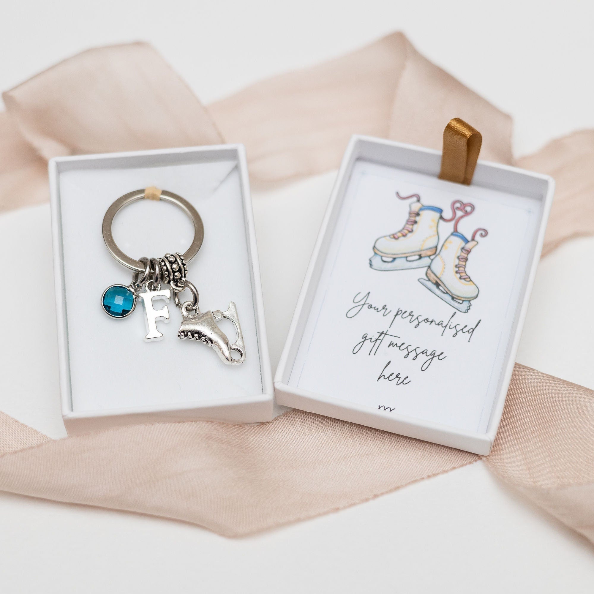 Ice skate keyring, figure skating keychain, personalised gifts, birthstone initial, festive Christmas Holiday, winter sports charms