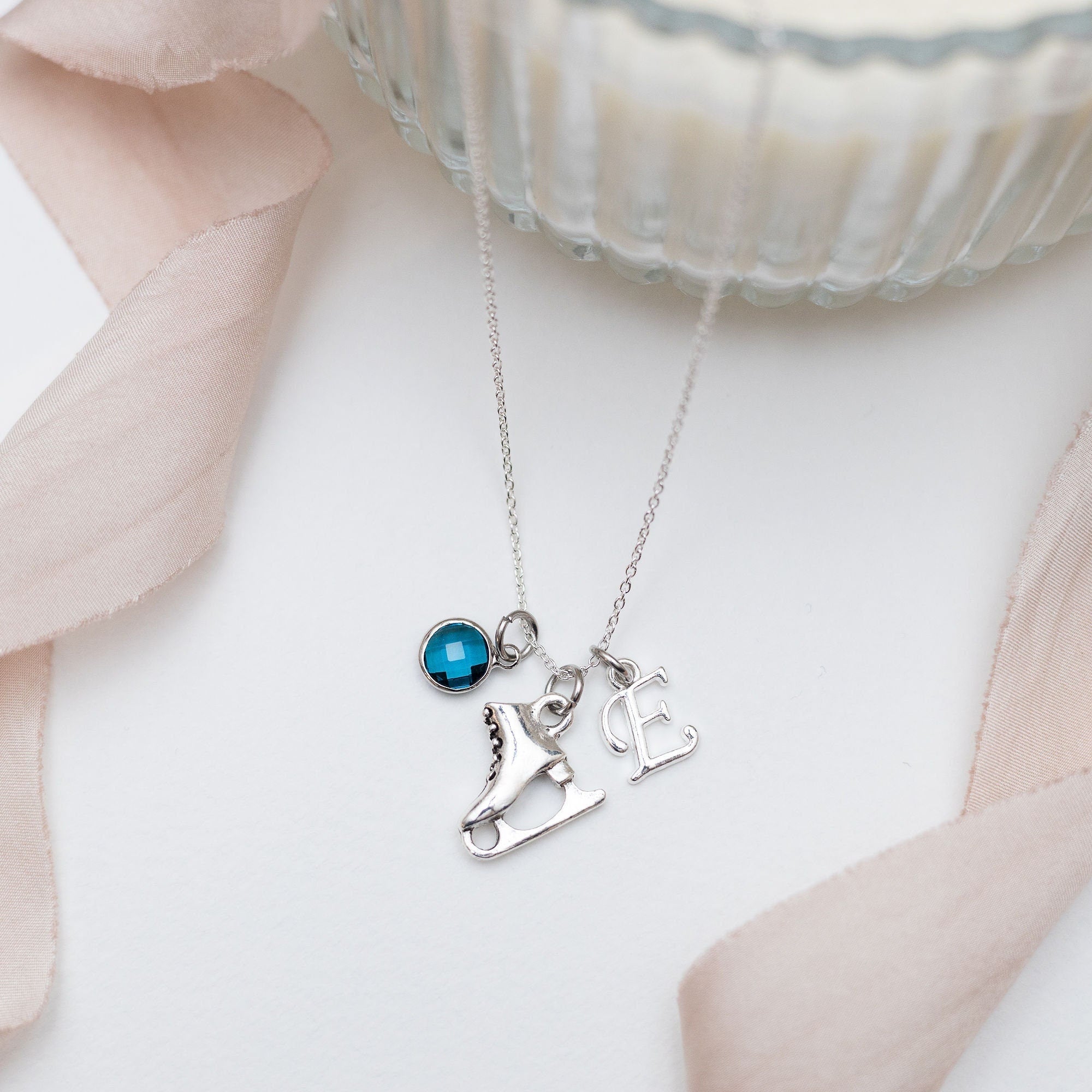 Ice skate necklace, figure skating gift, winter sports, Christmas jewellery, personalised gifts, birthstone initial letter, festive pendant