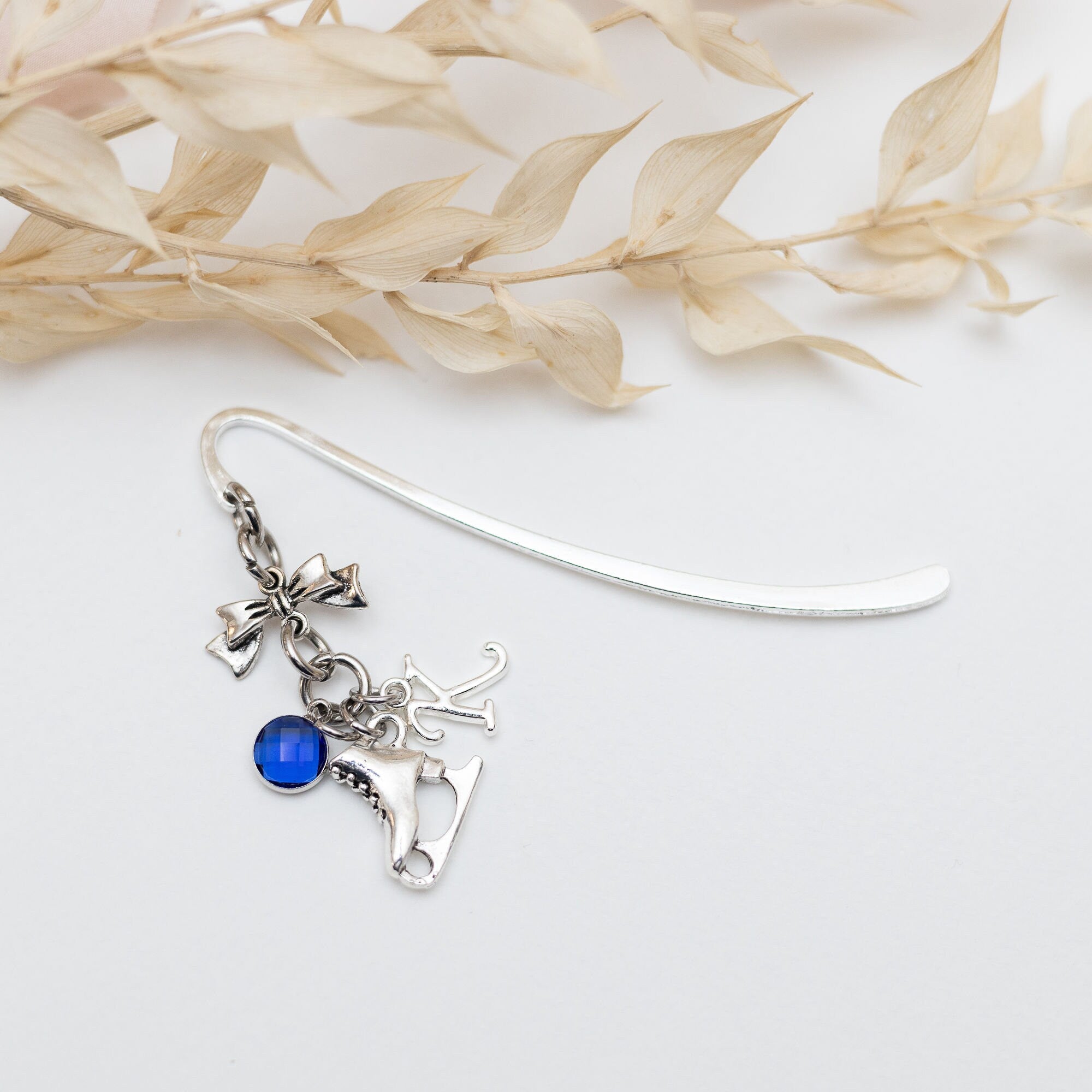 Ice skate bookmark, personalised gifts, birthstone initial, metal page marker, figure skating gift, for reader, reading gift, winter sports
