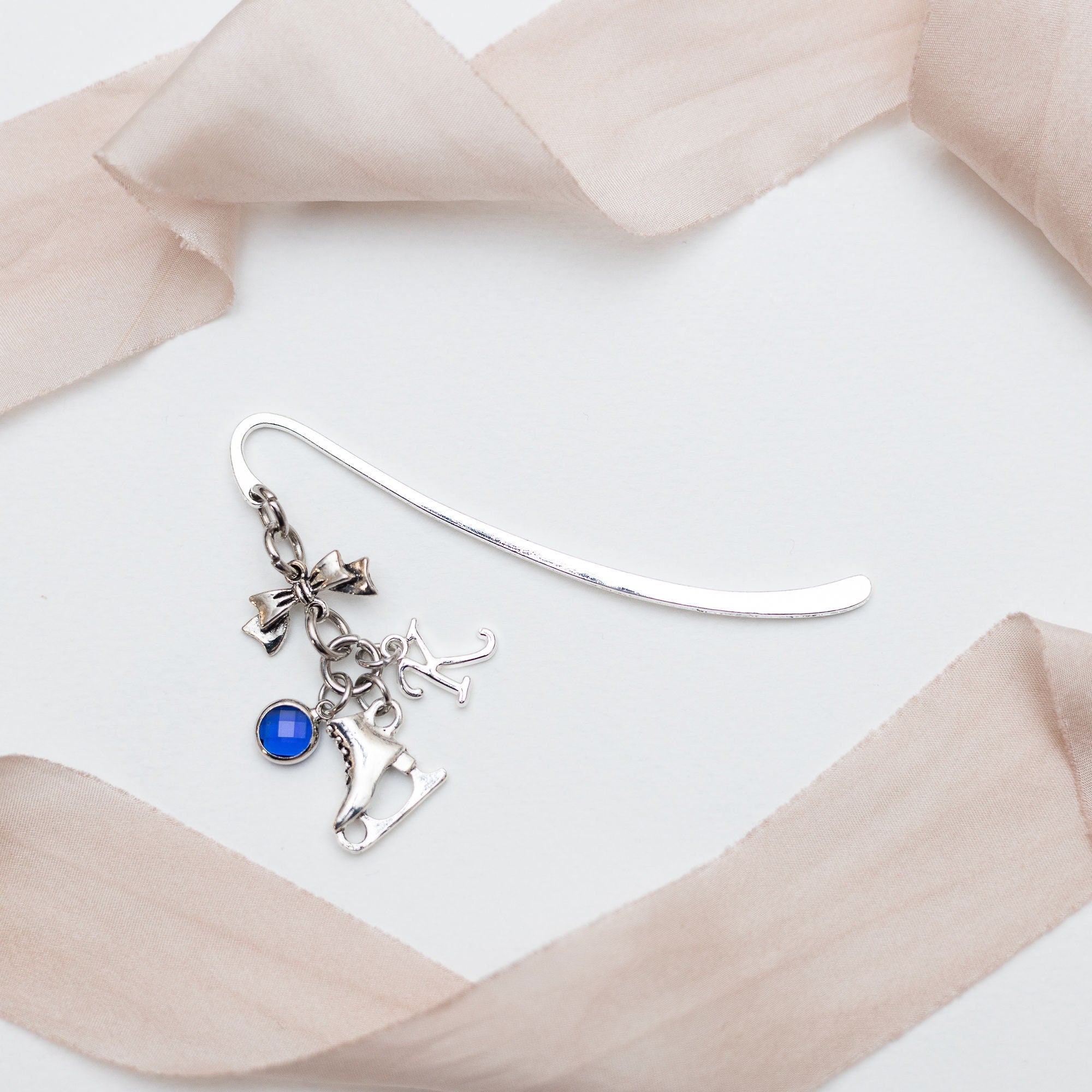 Ice skate bookmark, personalised gifts, birthstone initial, metal page marker, figure skating gift, for reader, reading gift, winter sports