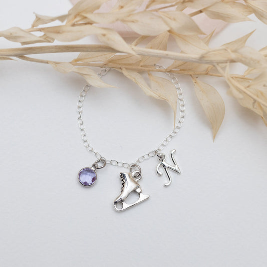 Ice skate bracelet, personalised gifts, figure skater competitor, birthstone initial charm, winter sports theme, ice skating jewellery