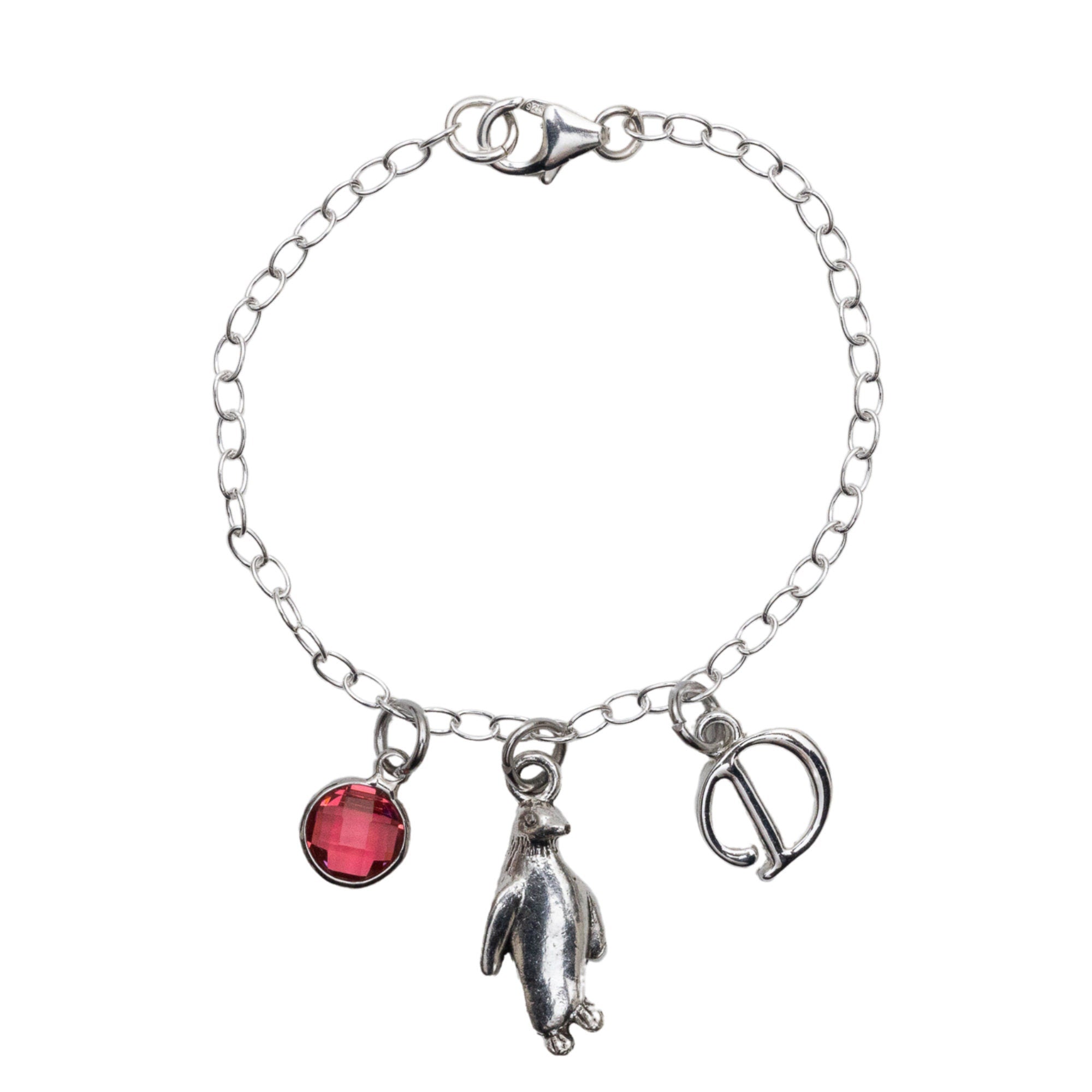 Penguin bracelet, personalised gifts, penguin gifts birthstone initial charm, winter jewellery, Antarctic animals, sea bird accessory