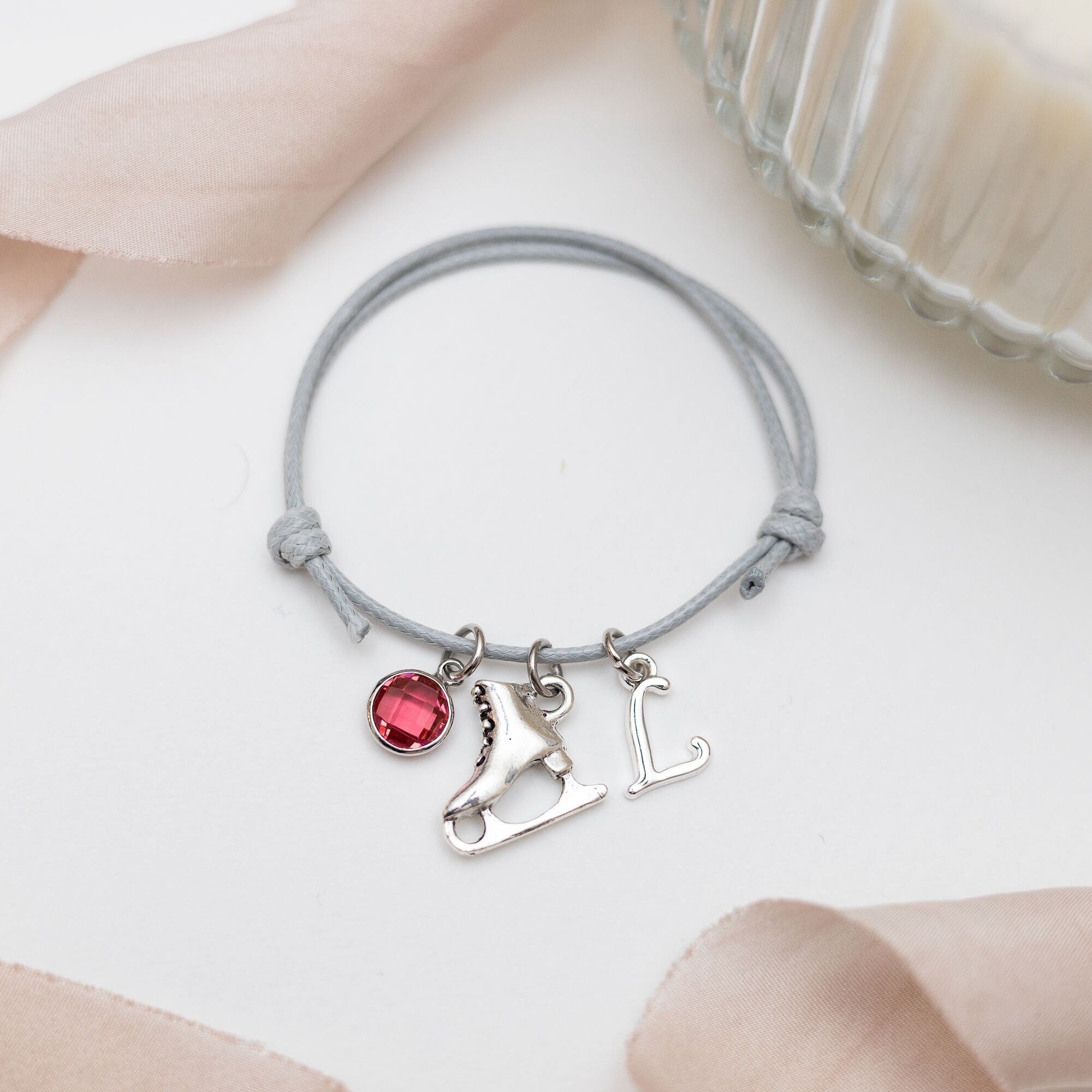 Ice skate bracelet, waxed cord adjustable, personalised gifts, figure skating jewellery, winter sports, custom skater birthday
