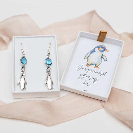 Penguin earrings, birthstone jewellery, personalised gifts, penguin gifts, sea bird gift, Antarctic animal charm