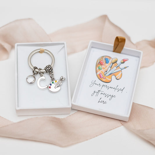 Artist palette keyring, personalised gifts, birthstone initial, art paint brush