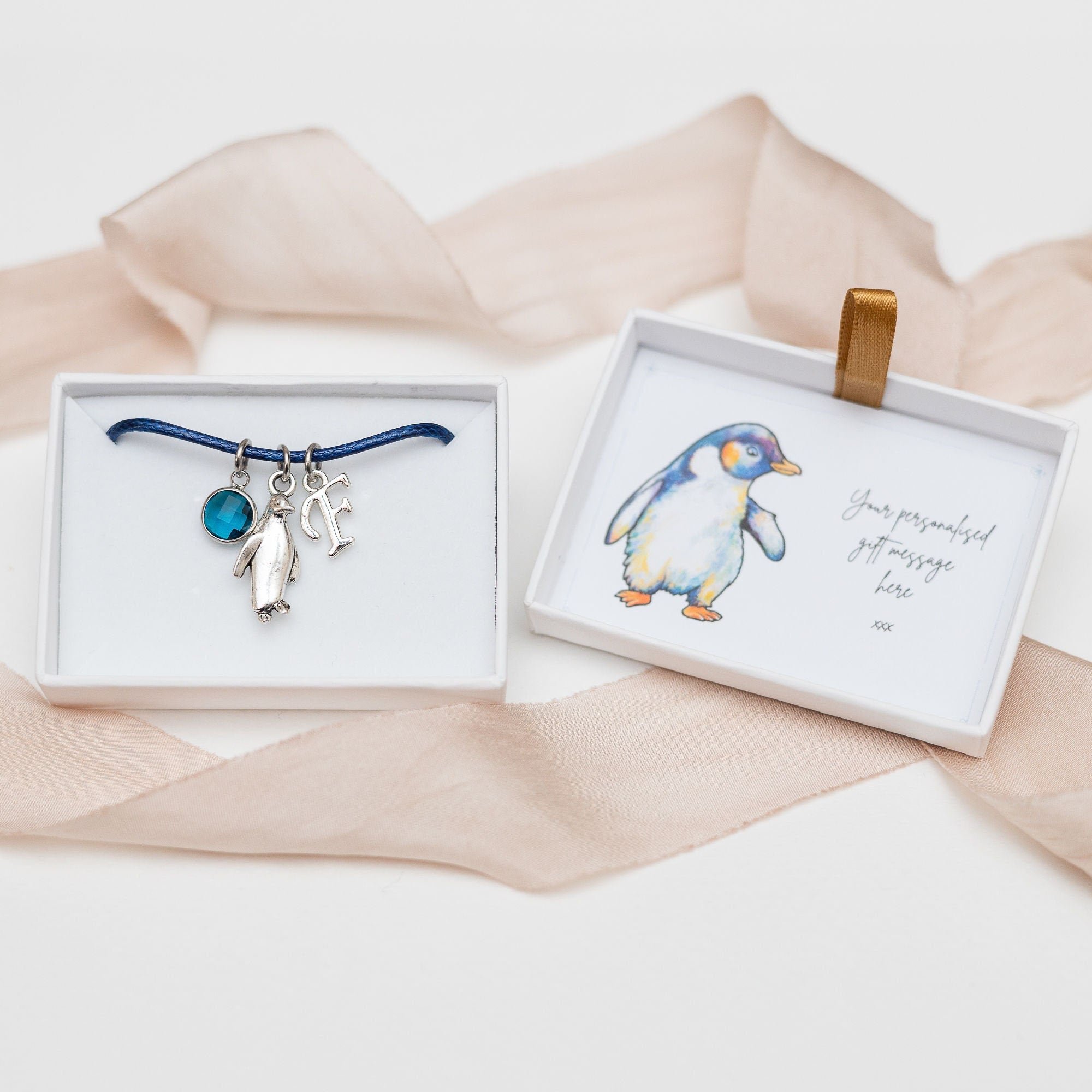 Penguin bracelet, waxed cord adjustable, personalised gifts, animal jewellery, Antarctic gift, sea bird present, birthstone birthday
