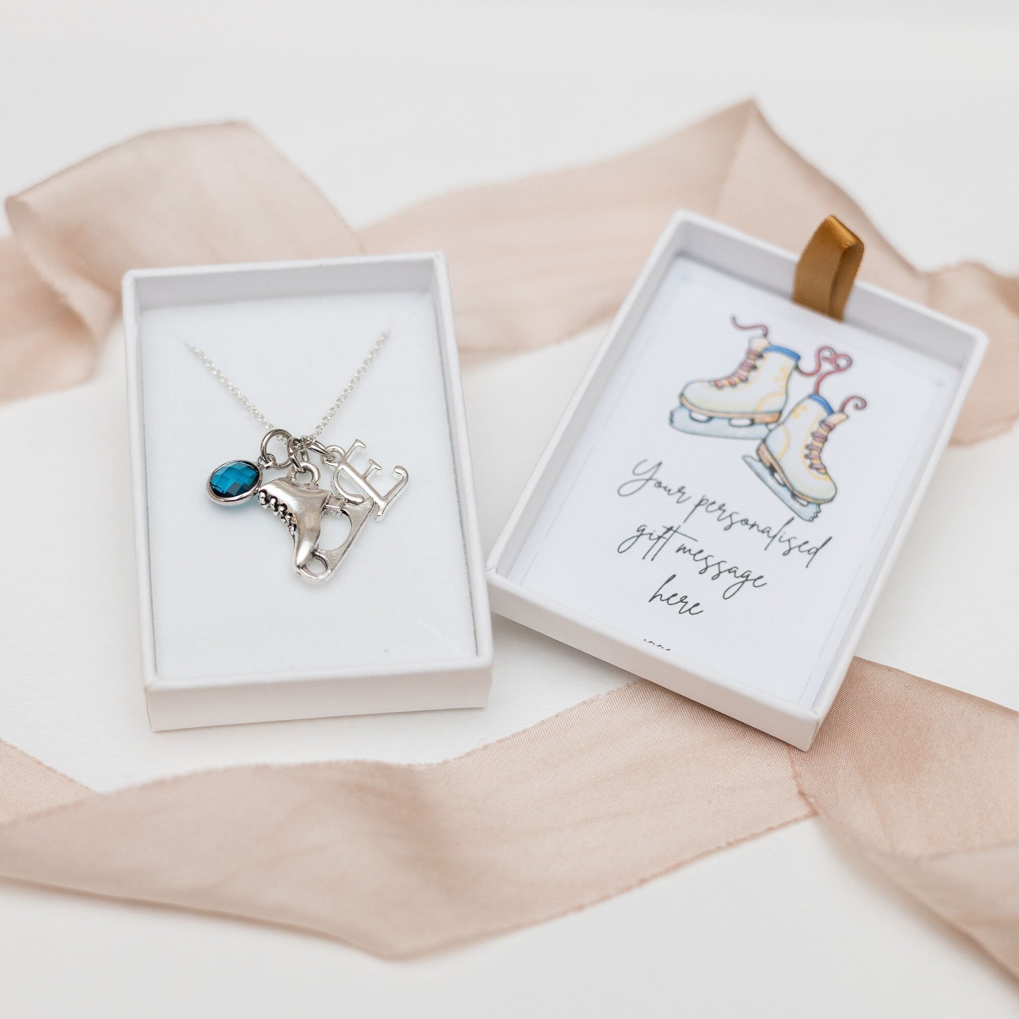 Ice skate necklace, figure skating gift, winter sports, Christmas jewellery, personalised gifts, birthstone initial letter, festive pendant