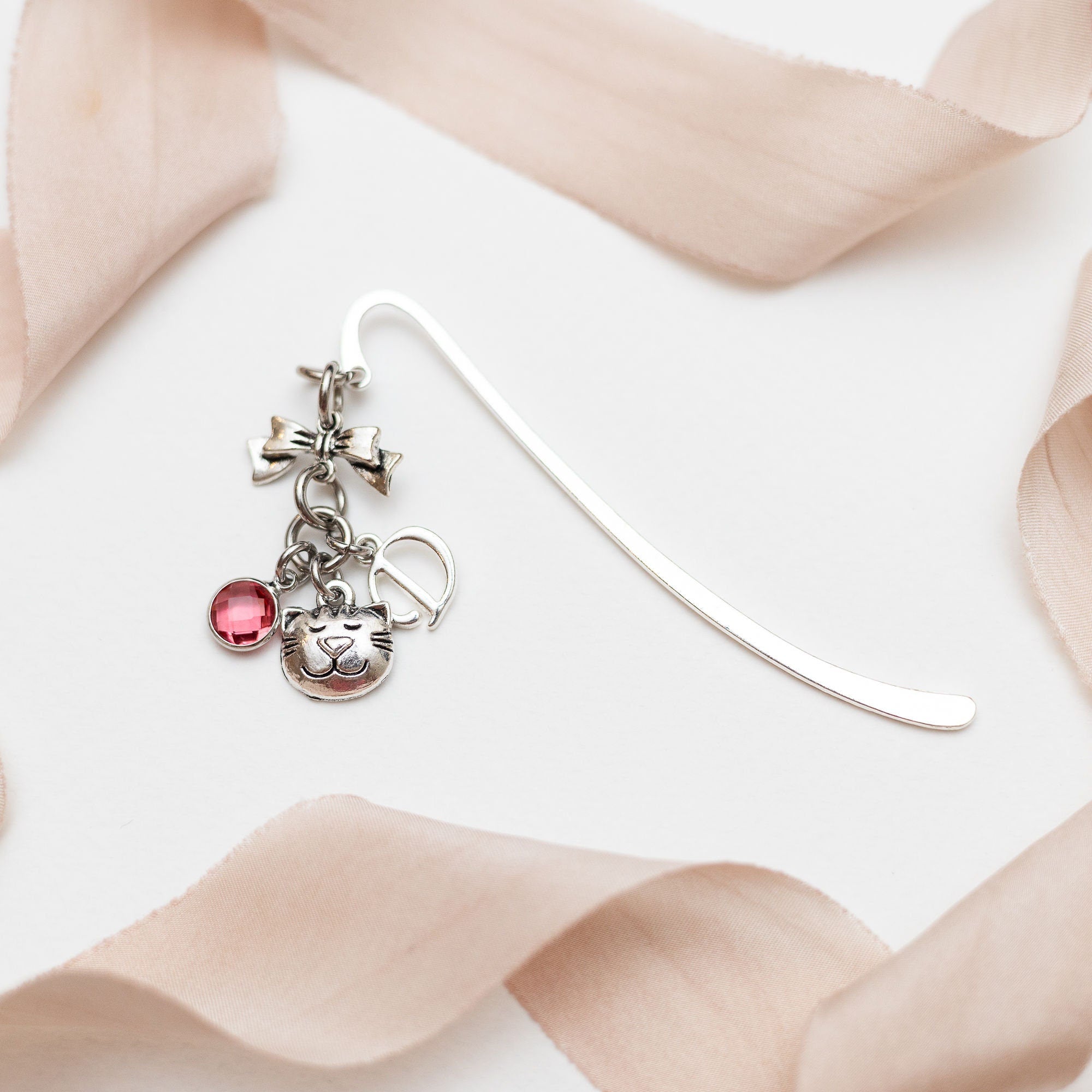 Cat bookmark, cat face, personalised gifts, birthstone initial letter, metal charm page marker, pet sitter thankyou, for reader, new kitten