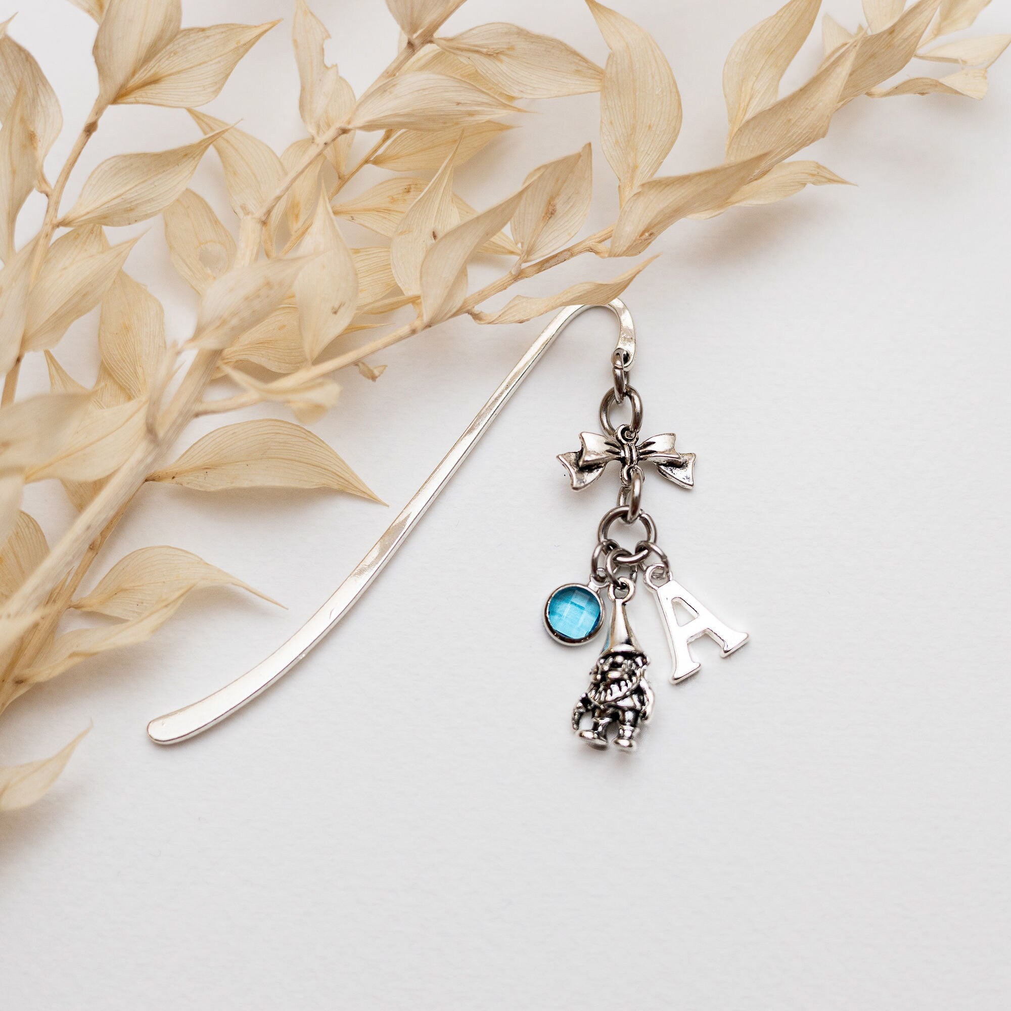 Gnome bookmark, personalised gifts, birthstone initial letter, metal charm page marker, garden gnome charm, for reader, gardener gift