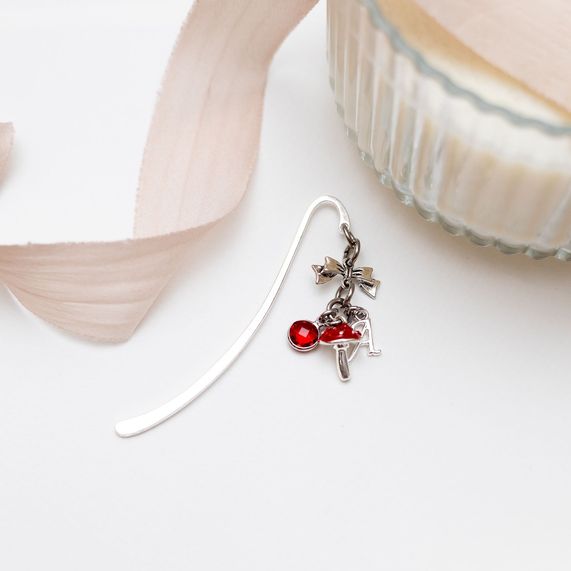Red toadstool bookmark, personalised gifts, birthstone initial letter, metal charm page marker, mushroom charm, for reader, gardener gift