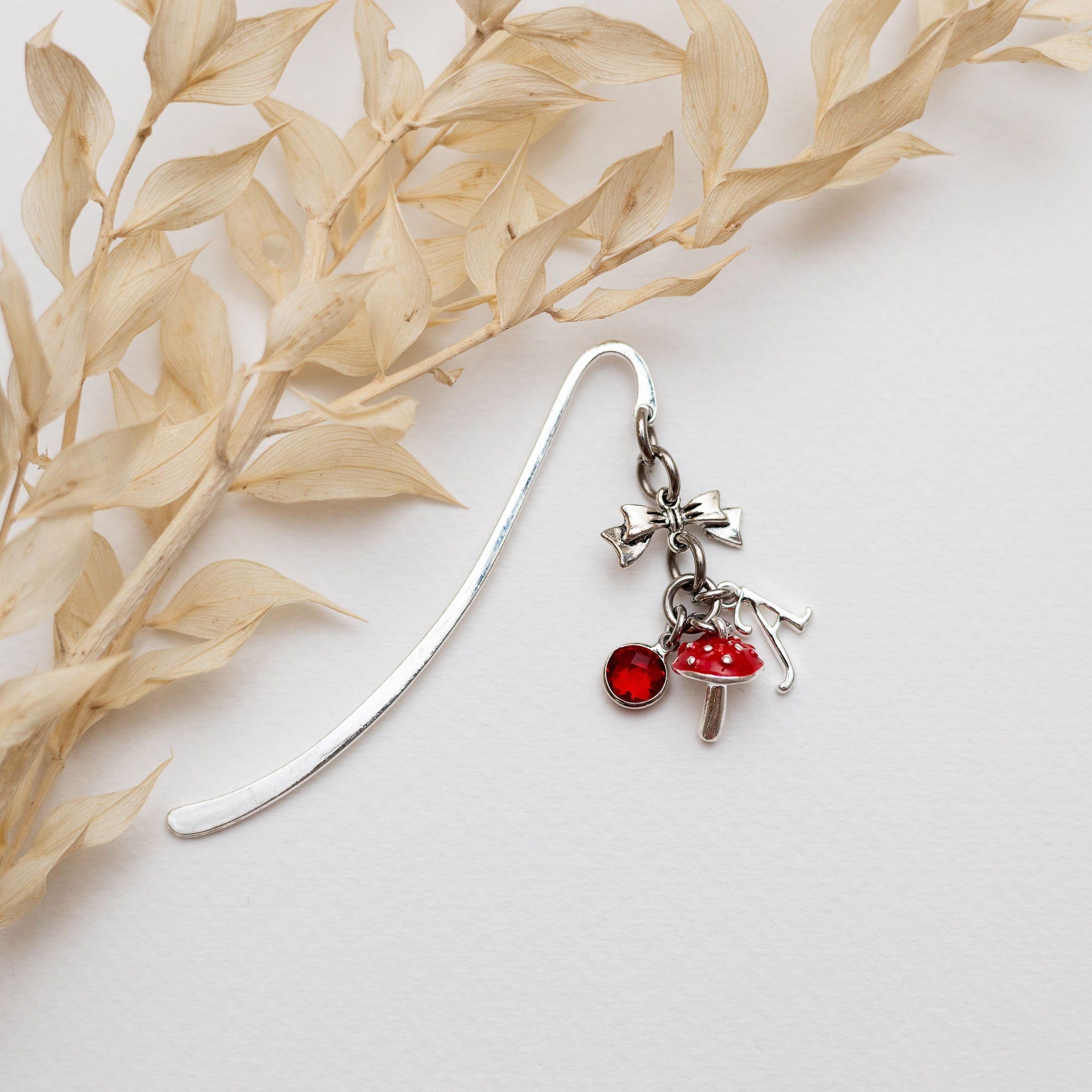 Red toadstool bookmark, personalised gifts, birthstone initial letter, metal charm page marker, mushroom charm, for reader, gardener gift