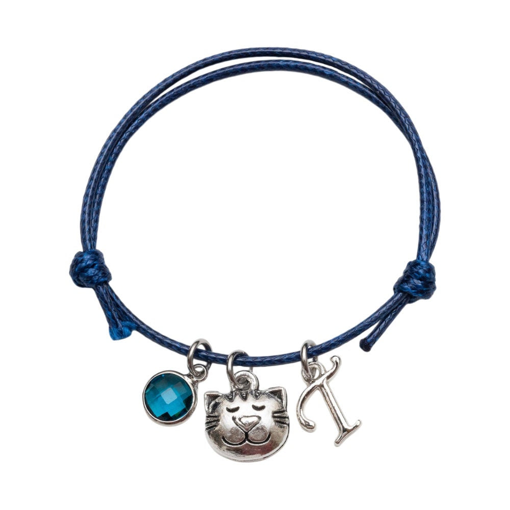 Cat bracelet, cat face, waxed cord adjustable, personalised gifts, kitten jewellery, cute animal gift, pet loss keepsake