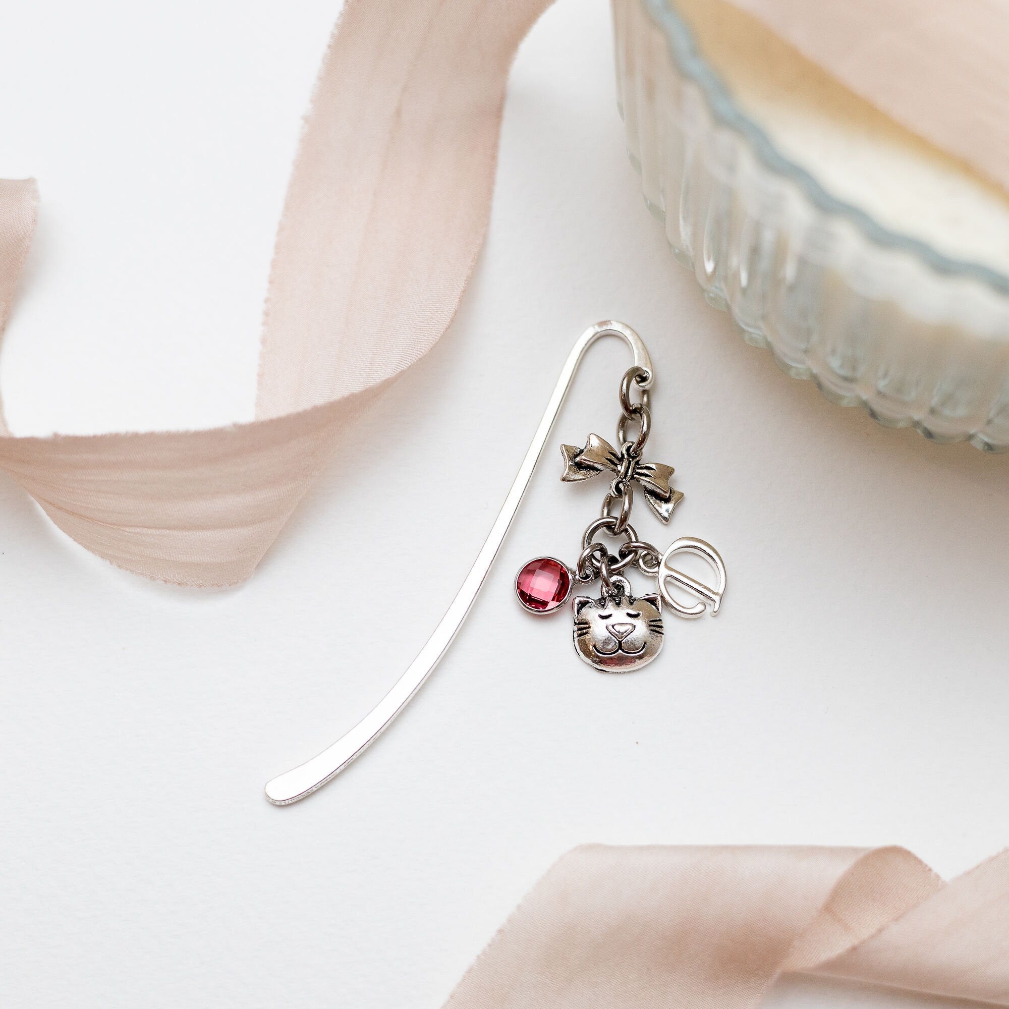 Personalised Cat Bookmark: Initial & Birthstone Charm, Metal Page Marker