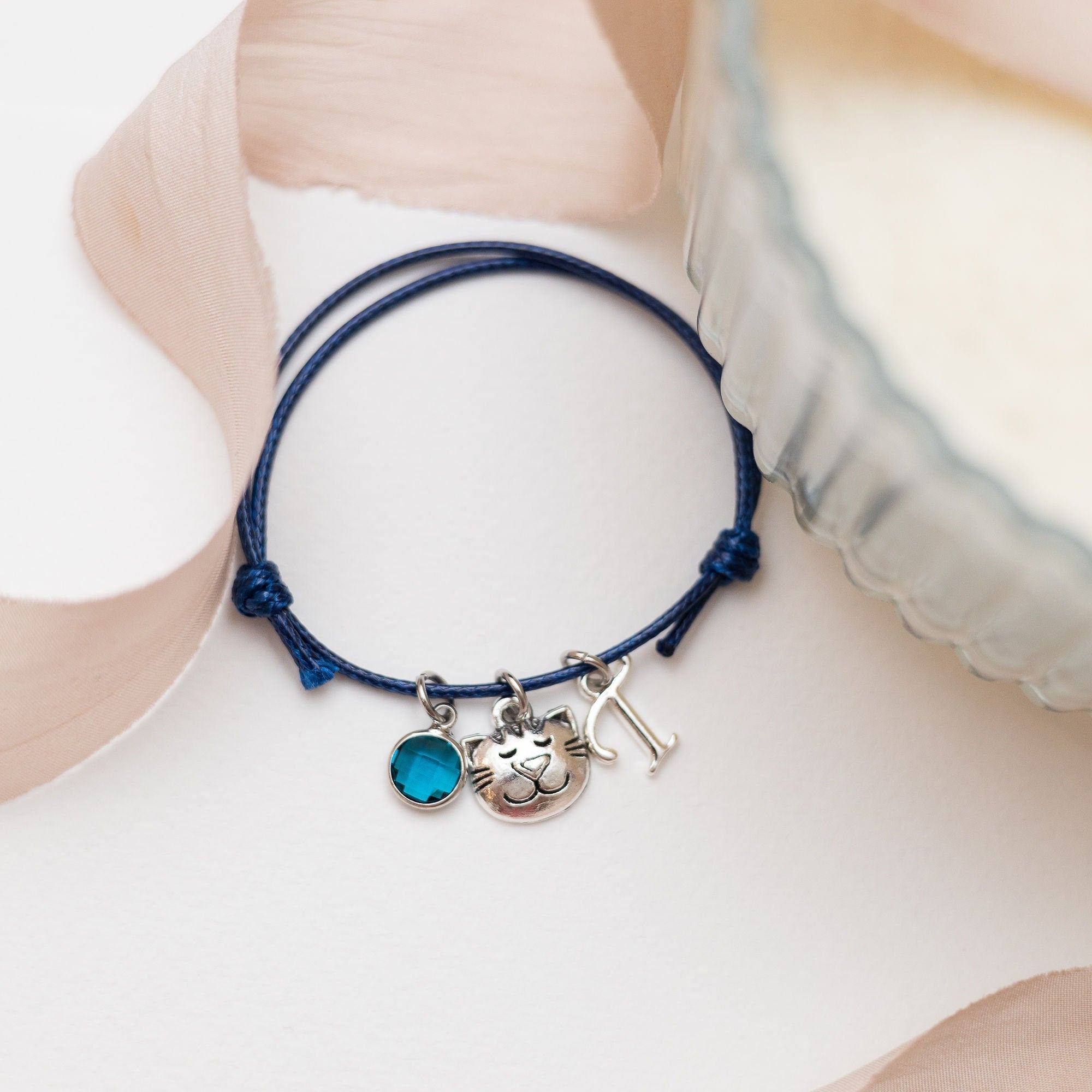 Cat bracelet, cat face, waxed cord adjustable, personalised gifts, kitten jewellery, cute animal gift, pet loss keepsake
