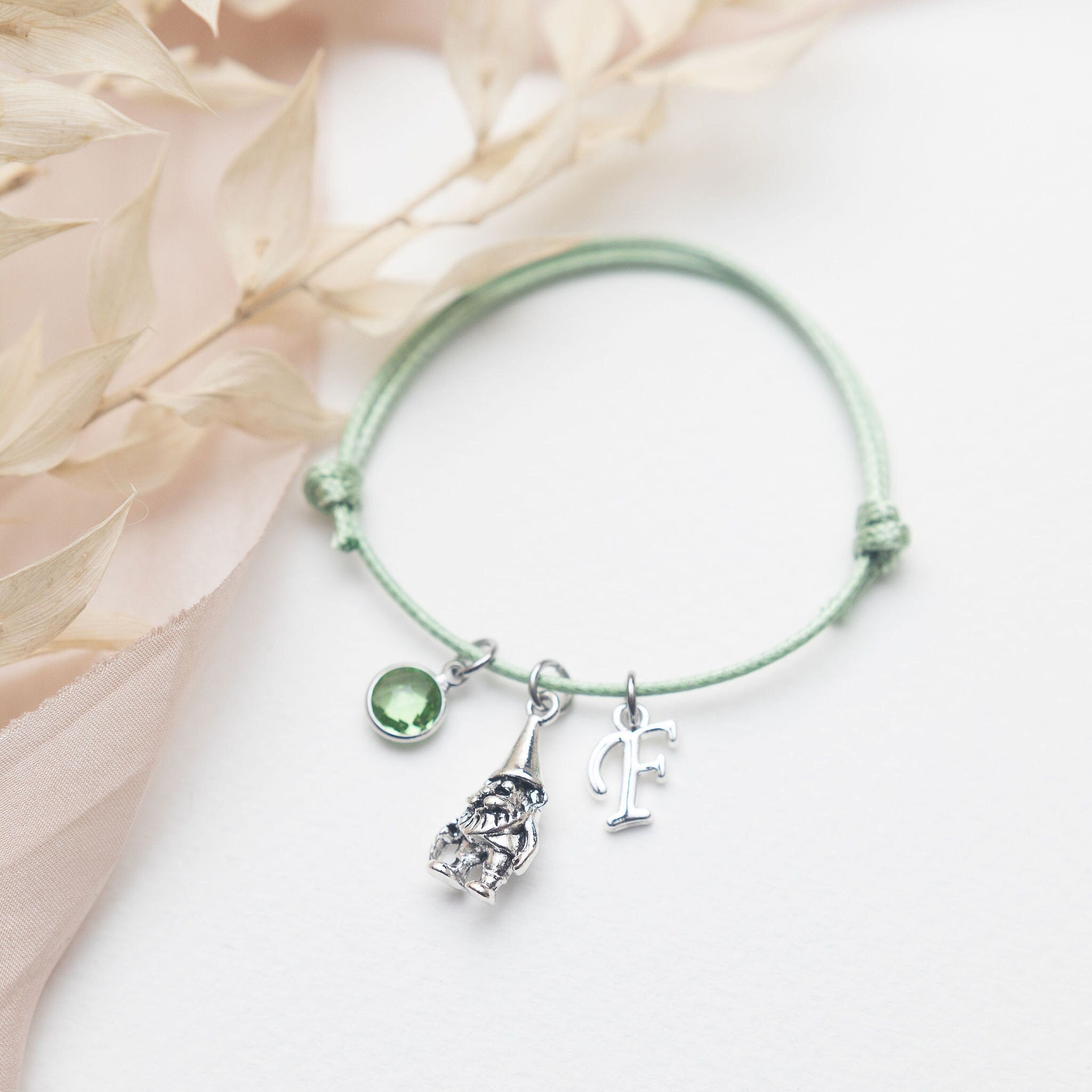 Gnome bracelet, waxed cord adjustable, personalised gifts, garden gnome gifts, whimsical jewellery, custom letter birthstone, fairy tale