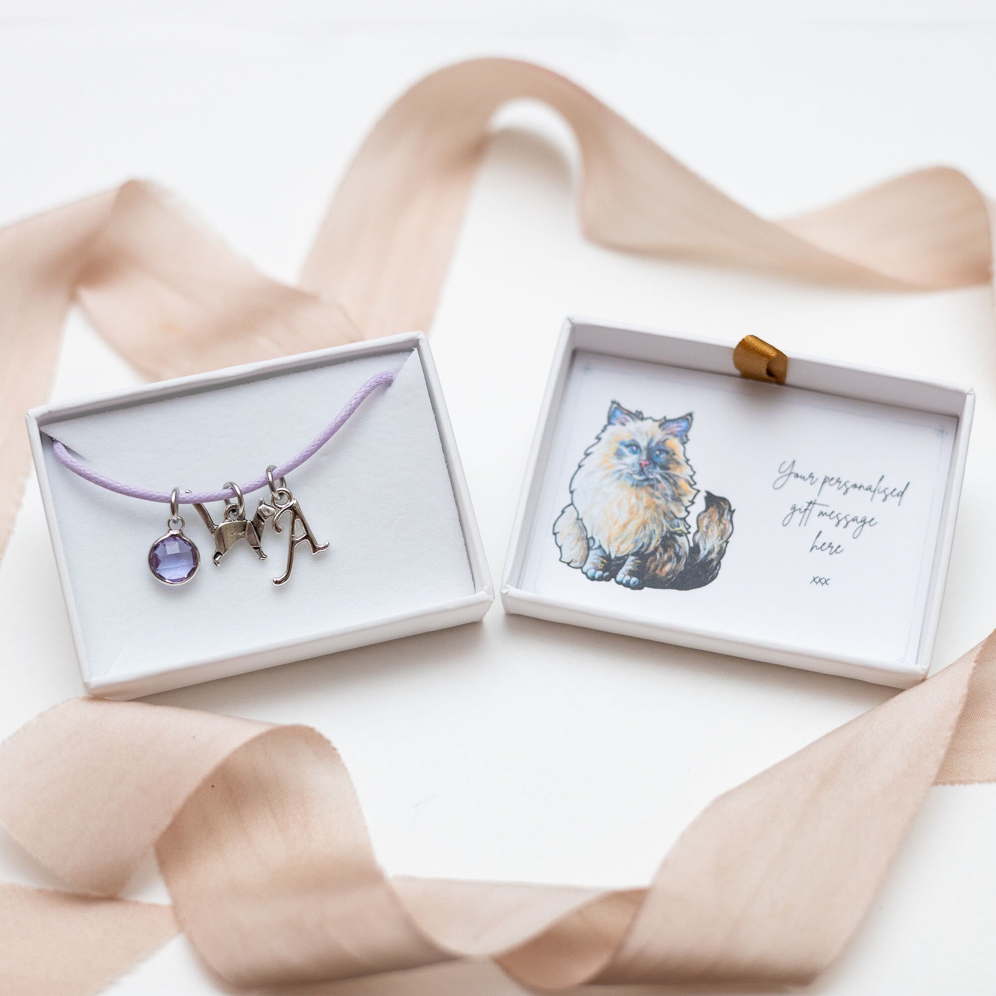 Origami Cat Charm Bracelet: Personalized Birthstone Initial, Waxed Cord