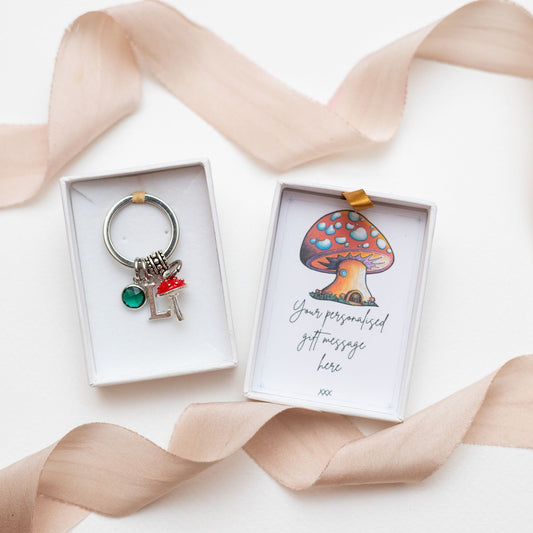 Red toadstool keyring, mushroom keychain, personalised gifts, birthstone initial, faerie gift, fairy whimsical, woodland walks, nature gift