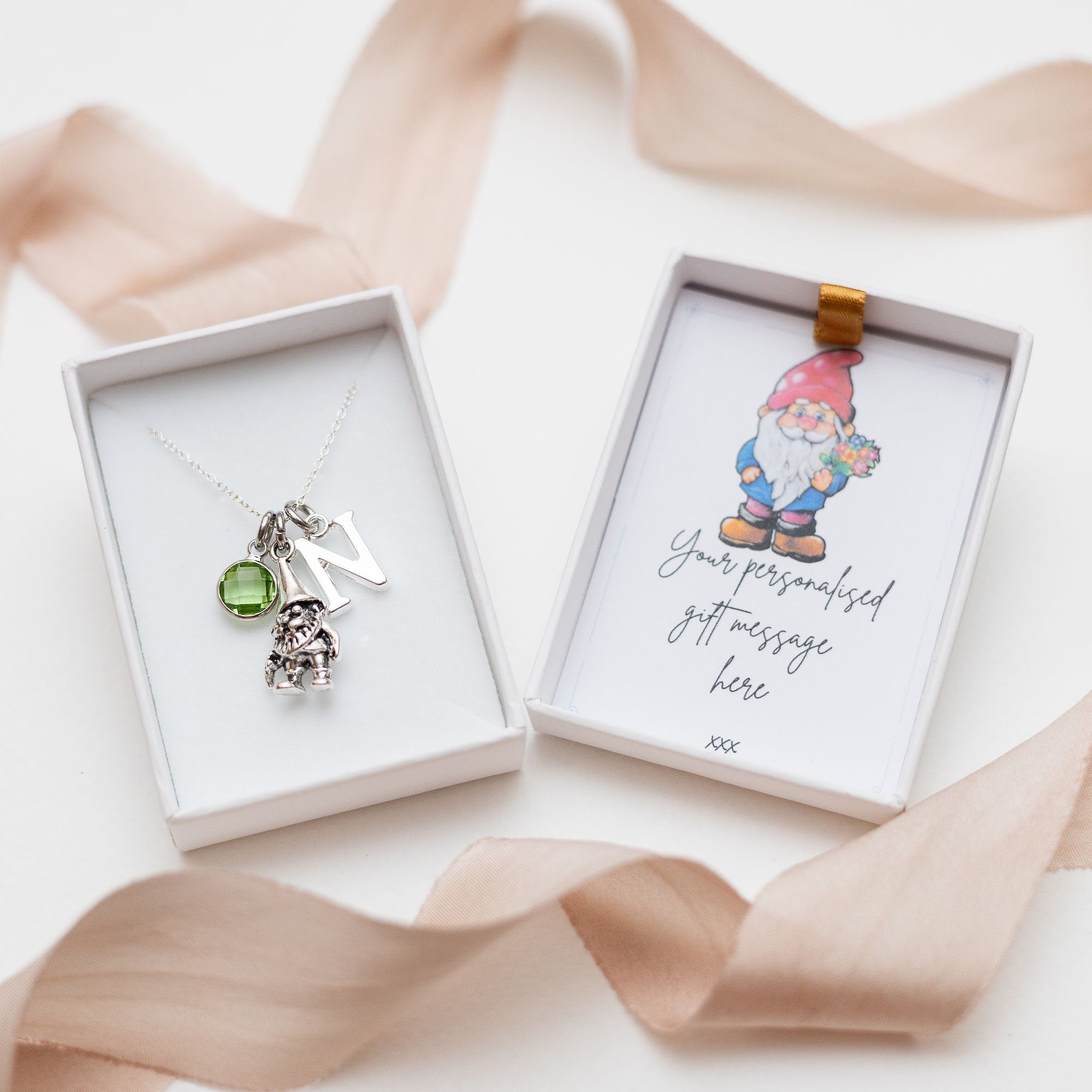 Gnome necklace, gonk jewellery, personalised gifts, birthstone initial,  gift for gardener, whimsical fairy tale, garden lawn gnomes,